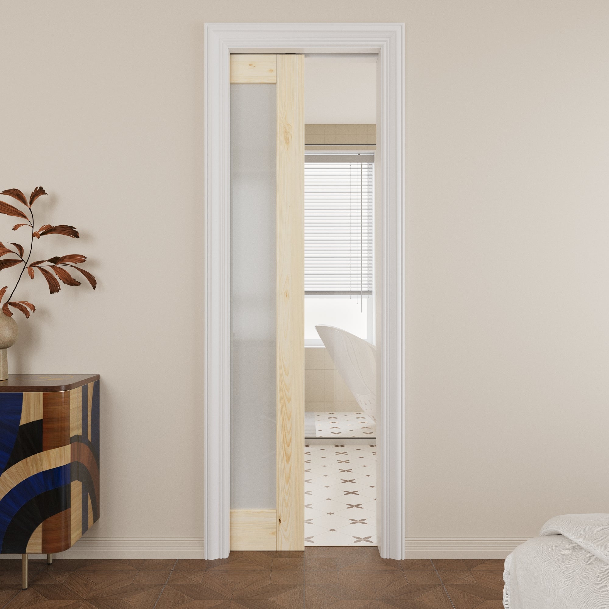 Ark Design 1-lite Tempered Frosted Glass Pocket Door with Hardware Kit & Soft Close, Pine Wood & Prefinished