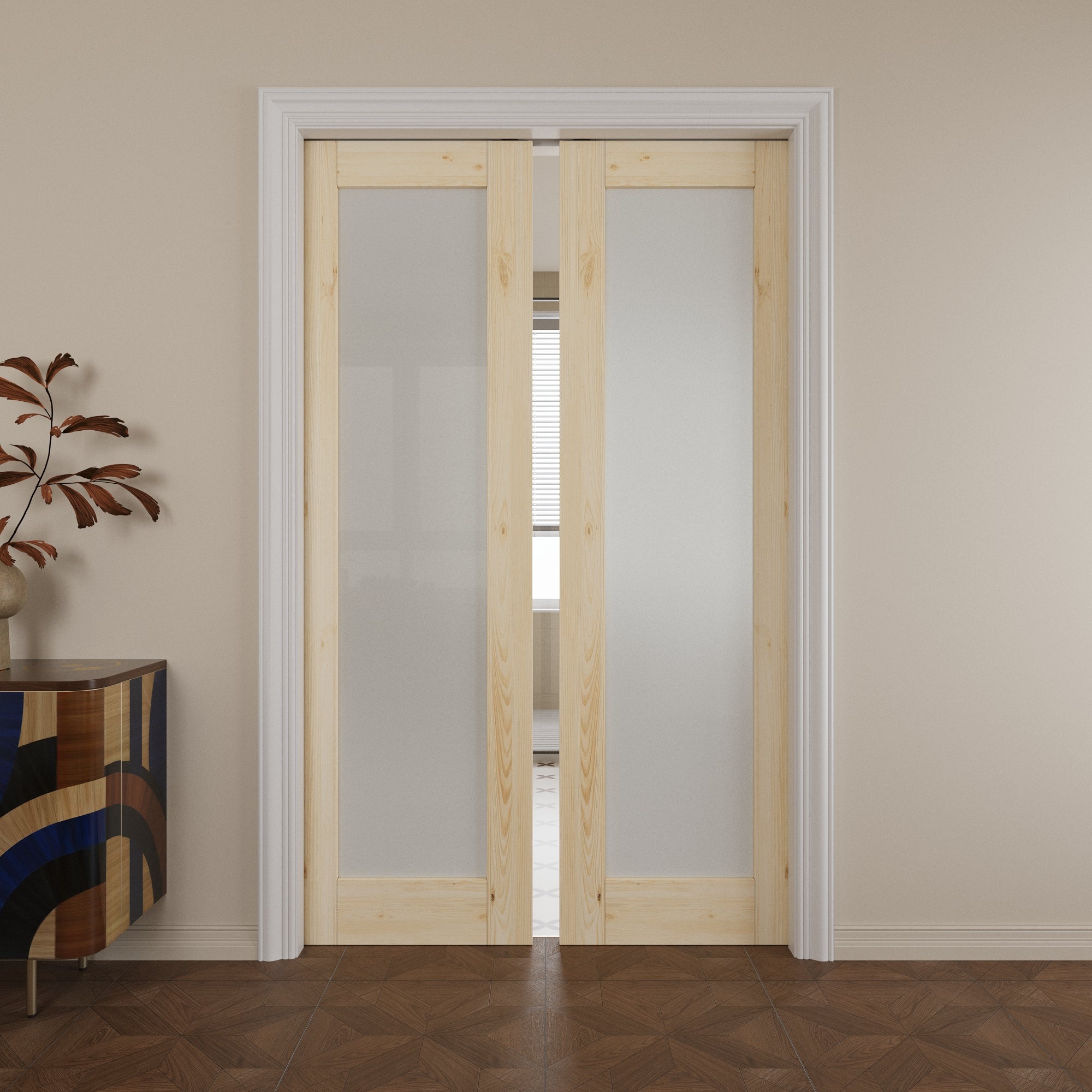 Ark Design 1-lite Tempered Frosted Glass Pocket Door with Hardware Kit & Soft Close, Pine Wood & Prefinished