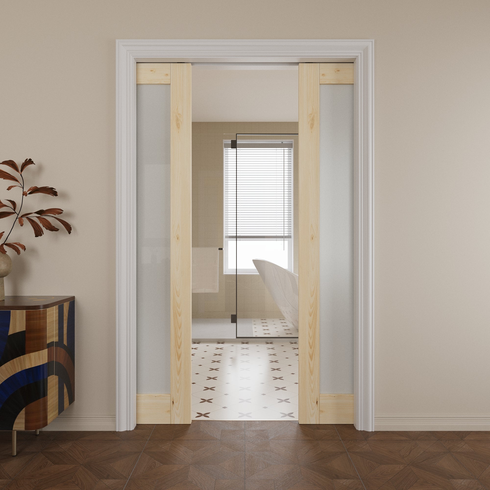 Ark Design 1-lite Tempered Frosted Glass Pocket Door with Hardware Kit & Soft Close, Pine Wood & Prefinished