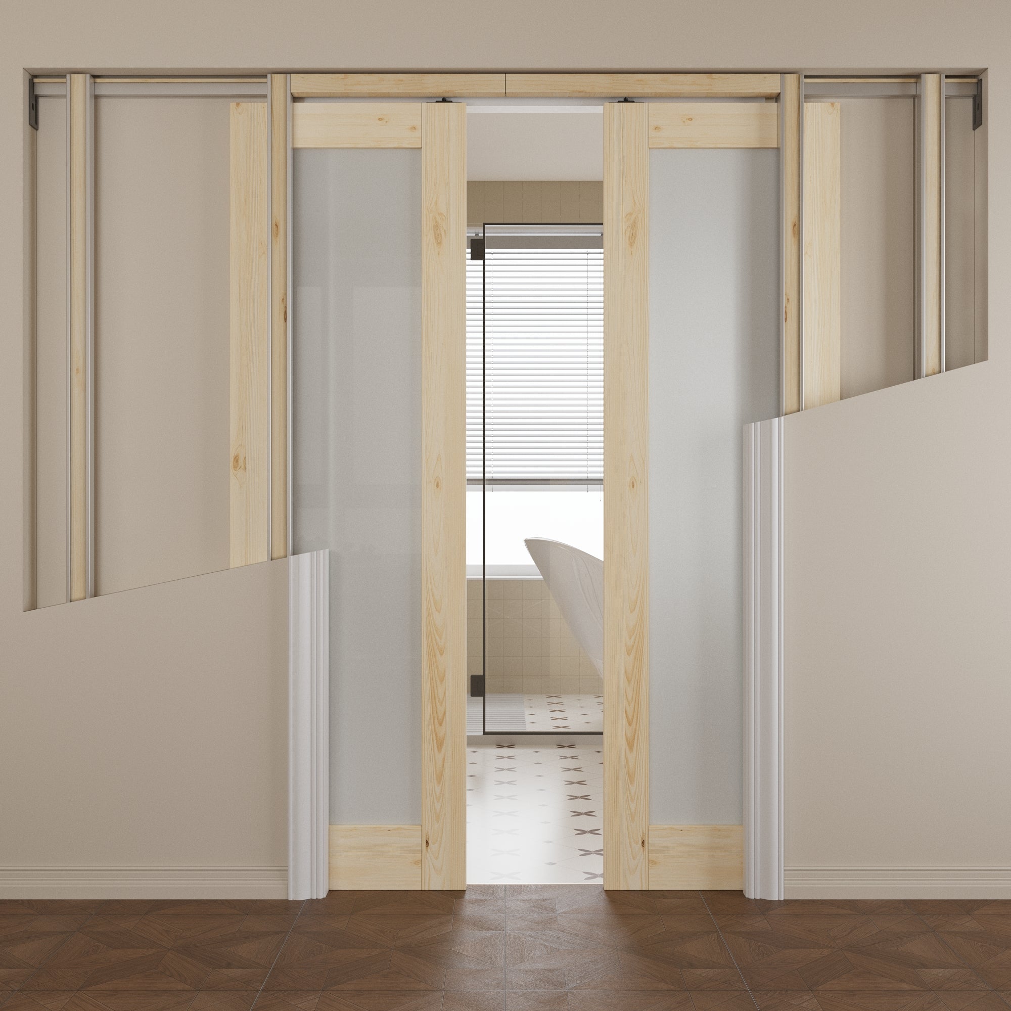 Ark Design 1-lite Tempered Frosted Glass Pocket Door with Hardware Kit & Soft Close, Pine Wood & Prefinished