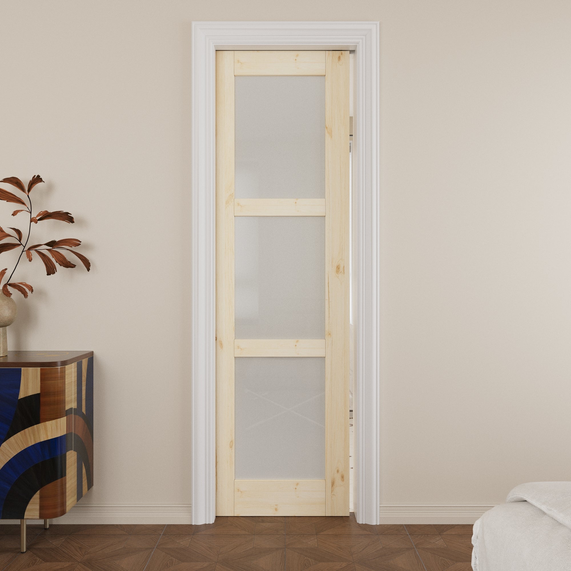 Ark Design 3-lite Tempered Frosted Glass Pocket Door with Hardware Kit & Soft Close, Pine Wood & Unfinished