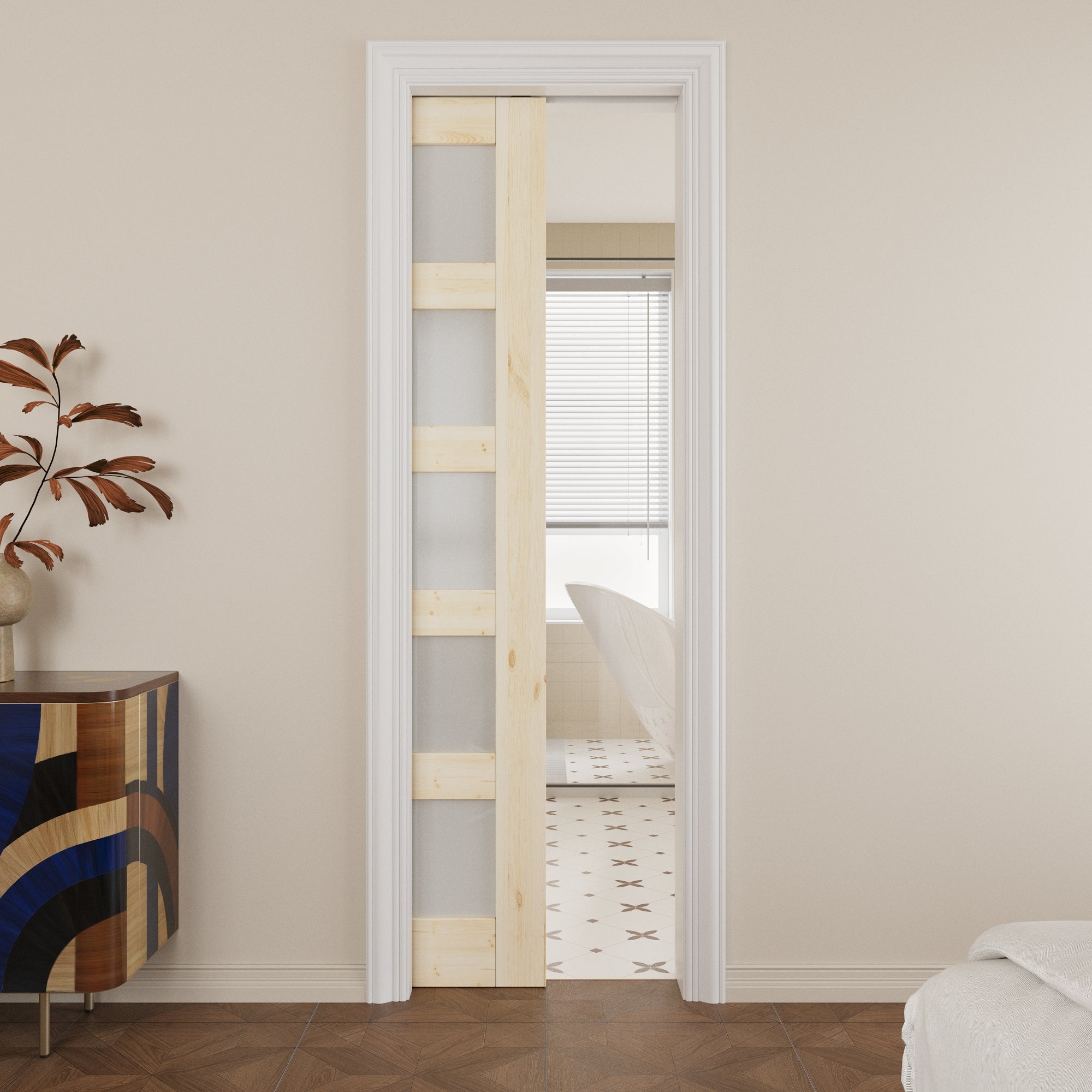 Ark Design 5-lite Tempered Frosted Glass Pocket Door with Hardware Kit & Soft Close, Pine Wood & Unfinished