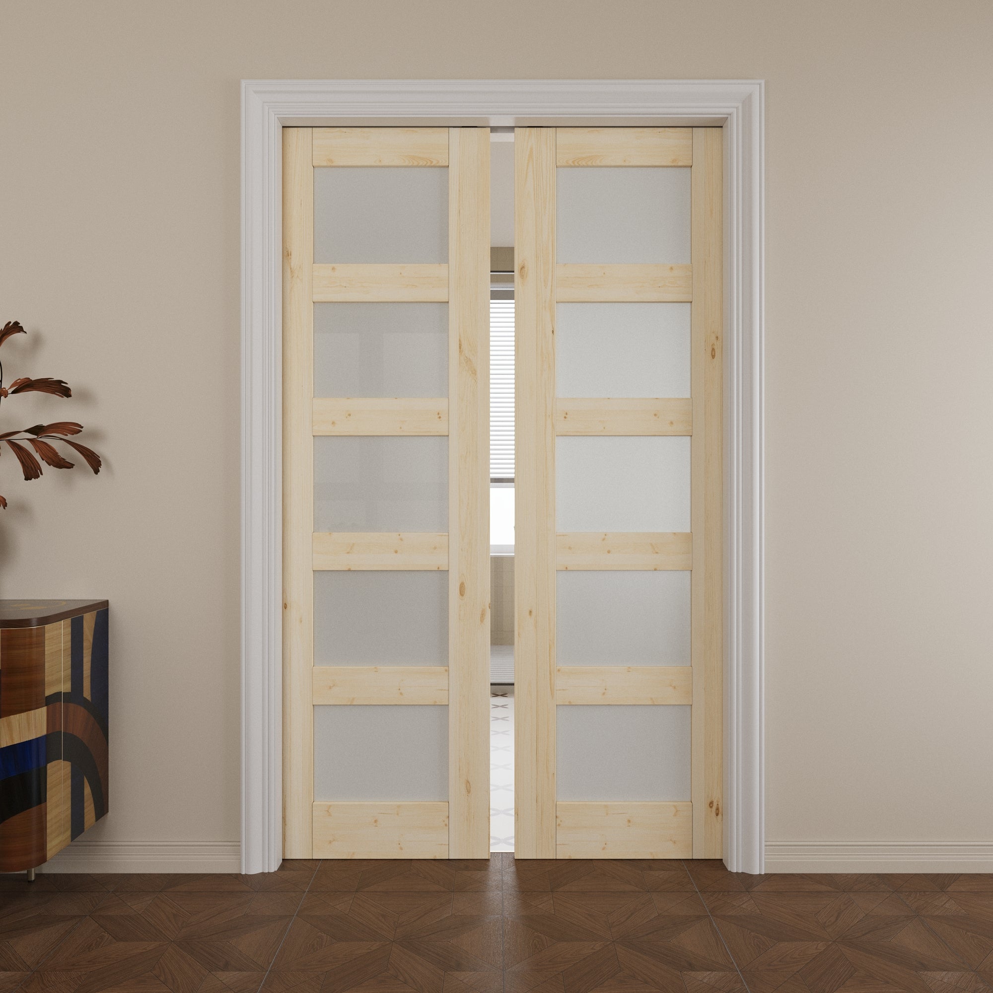 Ark Design 5-lite Tempered Frosted Glass Pocket Door with Hardware Kit & Soft Close, Pine Wood & Unfinished