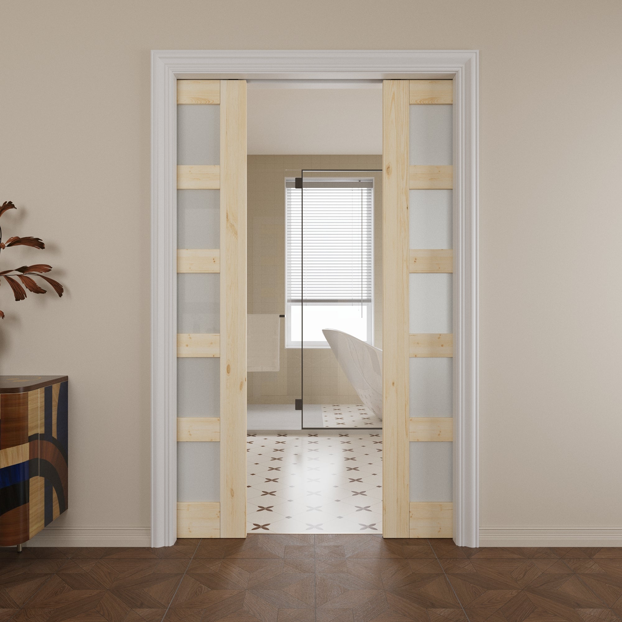 Ark Design 5-lite Tempered Frosted Glass Pocket Door with Hardware Kit & Soft Close, Pine Wood & Unfinished