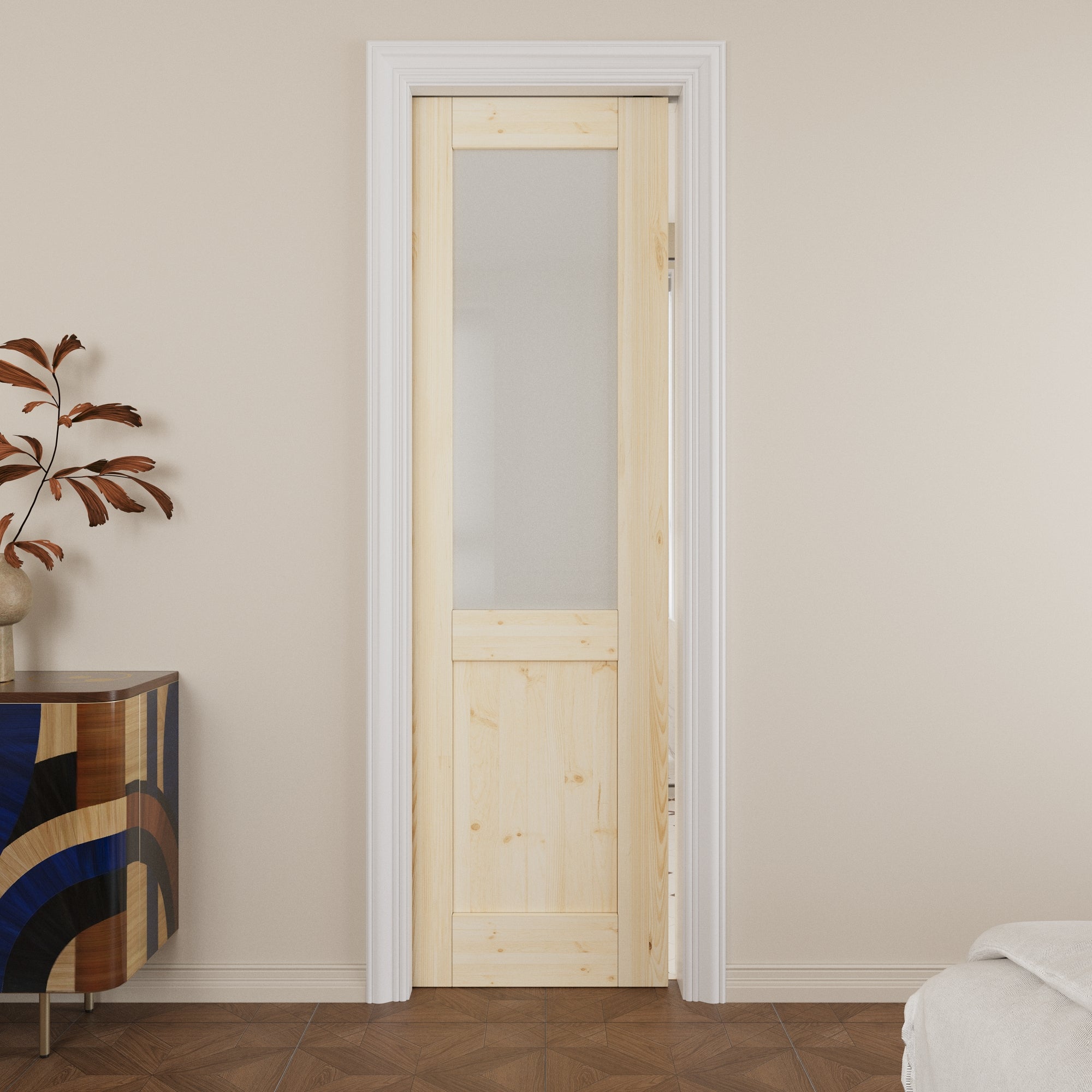 Ark Design Half-lite Tempered Frosted Glass Pocket Door with Hardware Kit & Soft Close, Pine Wood & Prefinished