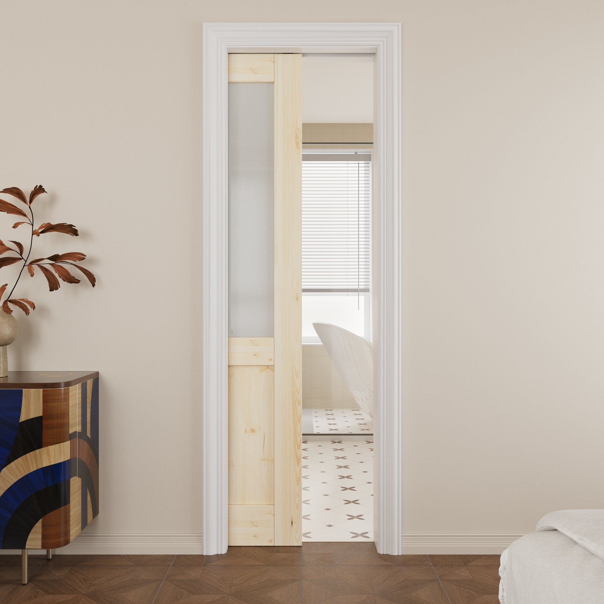 Ark Design Half-lite Tempered Frosted Glass Pocket Door with Hardware Kit & Soft Close, Pine Wood & Prefinished