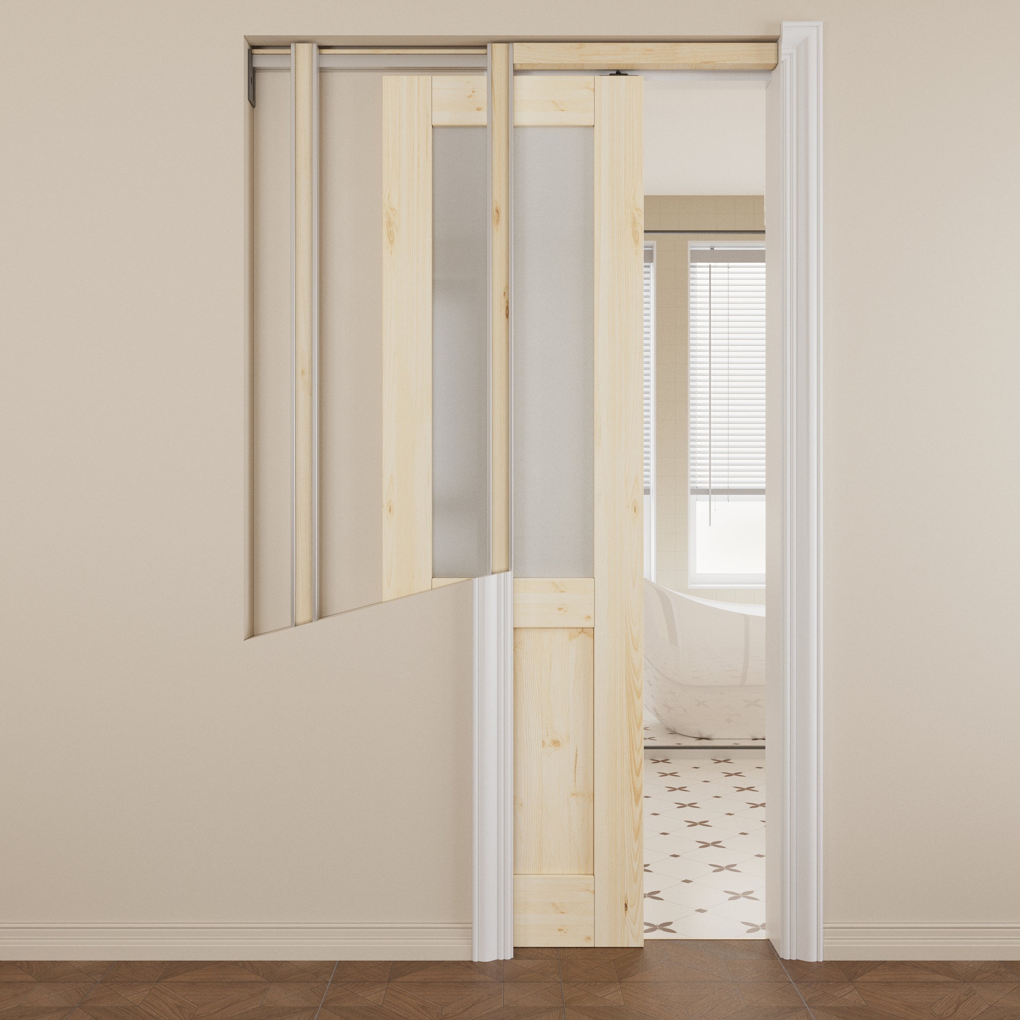 Ark Design Half-lite Tempered Frosted Glass Pocket Door with Hardware Kit & Soft Close, Pine Wood & Prefinished