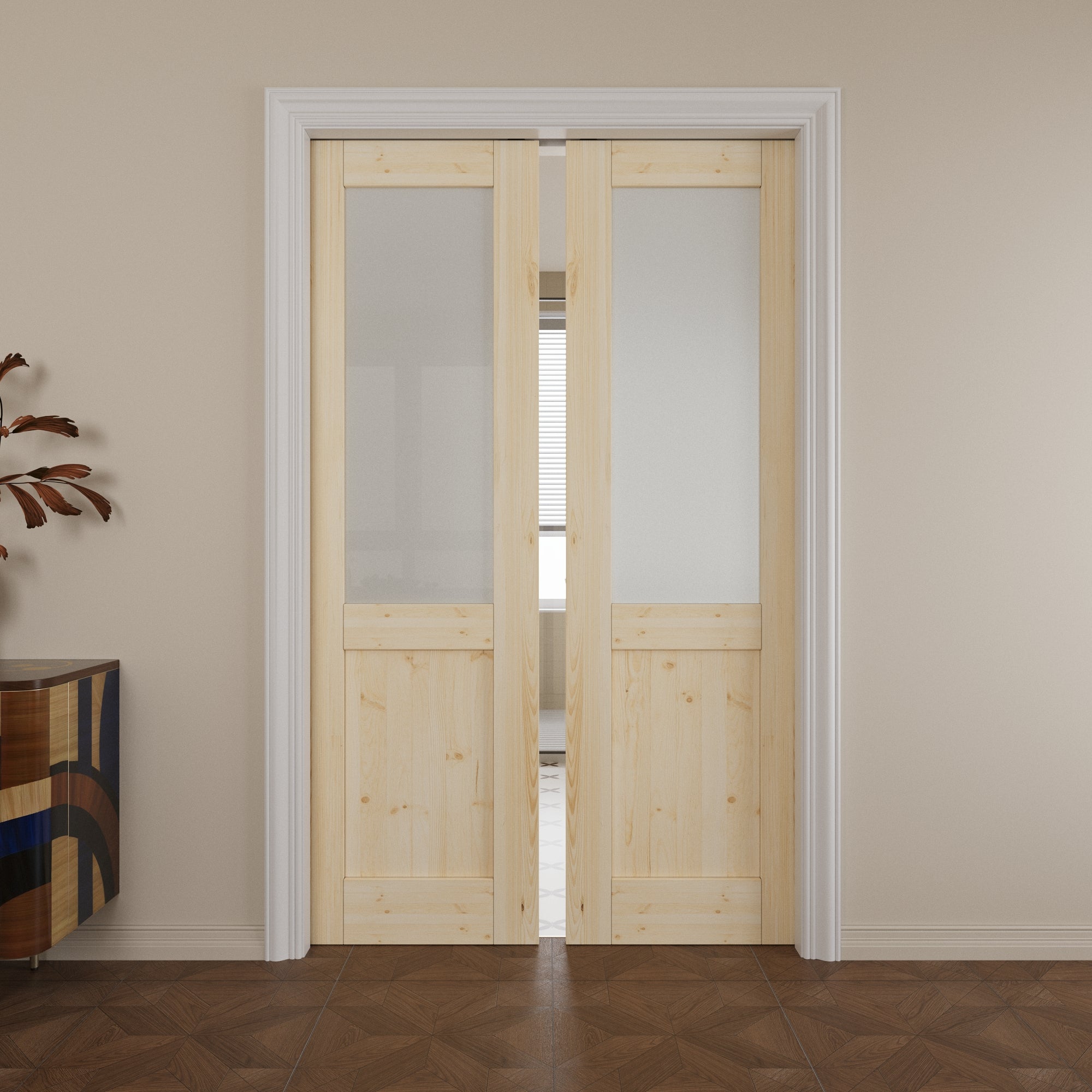 Ark Design Half-lite Tempered Frosted Glass Pocket Door with Hardware Kit & Soft Close, Pine Wood & Prefinished