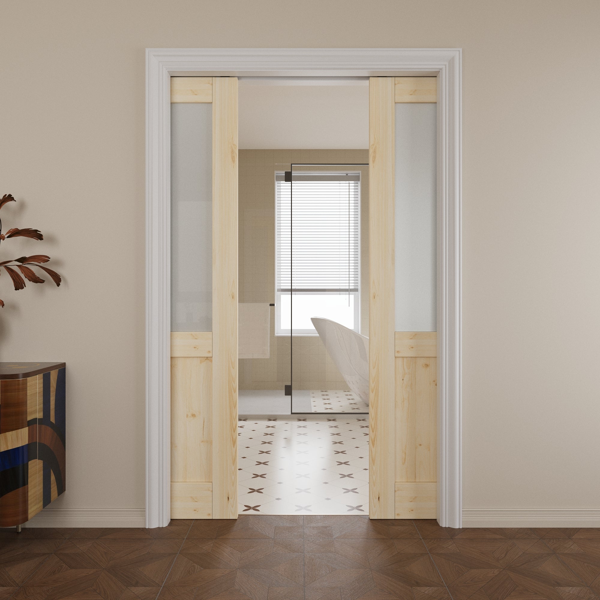 Ark Design Half-lite Tempered Frosted Glass Pocket Door with Hardware Kit & Soft Close, Pine Wood & Prefinished