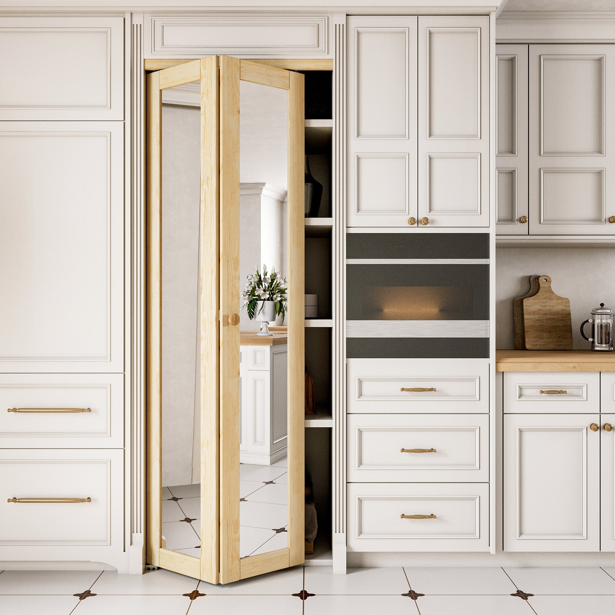 Ark Design 1-Lite Mirror Solid Core Unfinished Pine Wood Interior Closet Bi-Fold Door with Hardware