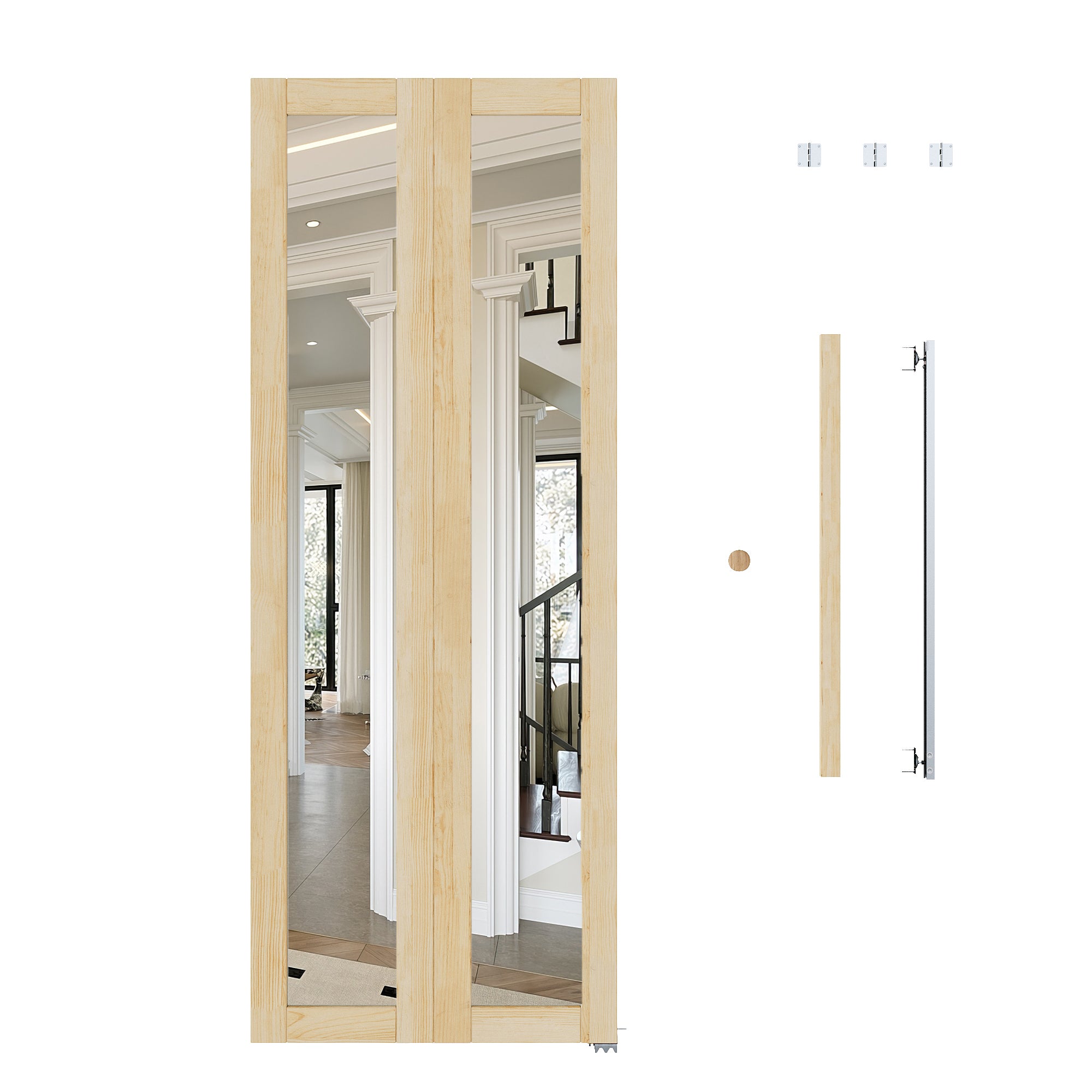 Ark Design 1-Lite Mirror Solid Core Unfinished Pine Wood Interior Closet Bi-Fold Door with Hardware