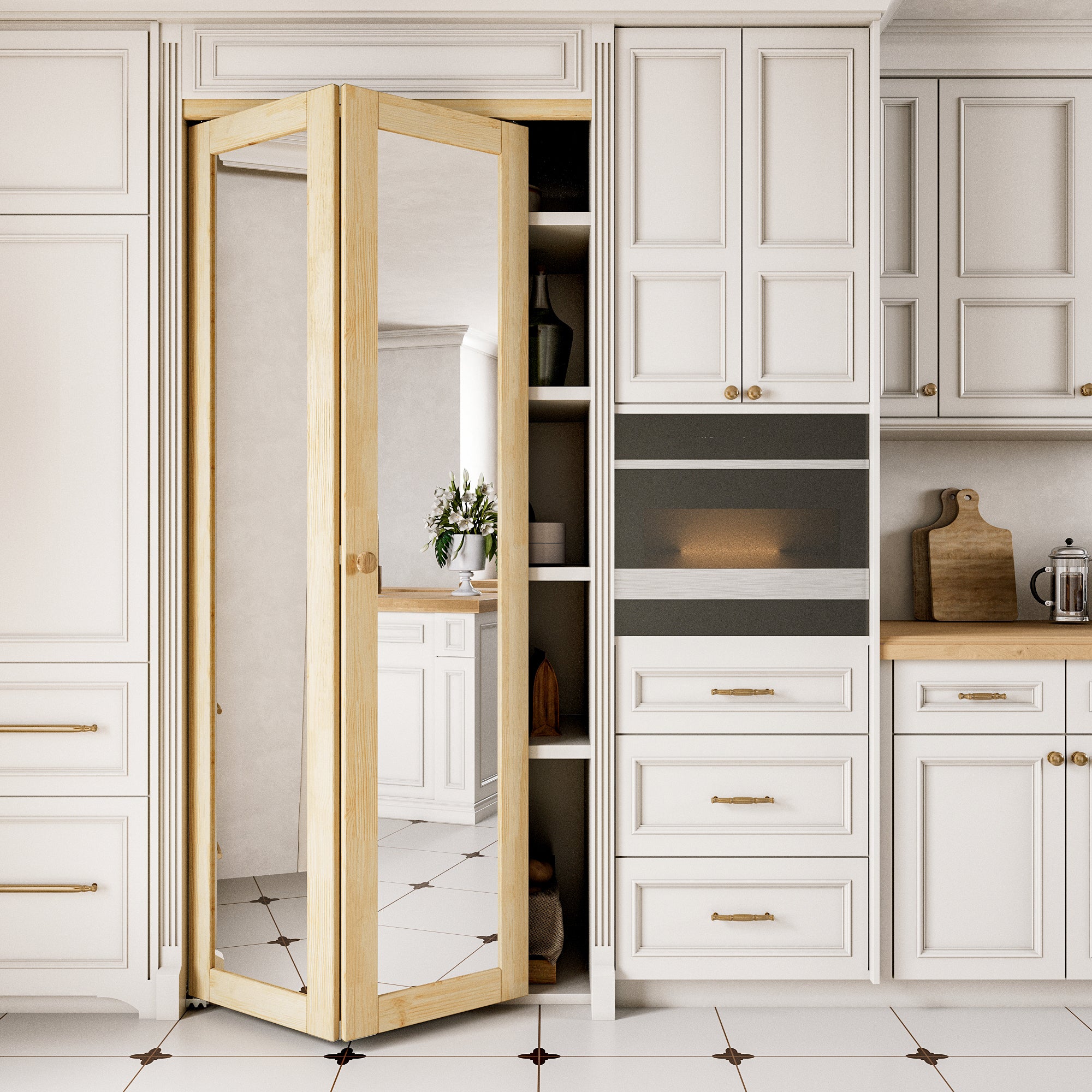 Ark Design 1-Lite Mirror Solid Core Unfinished Pine Wood Interior Closet Bi-Fold Door with Hardware