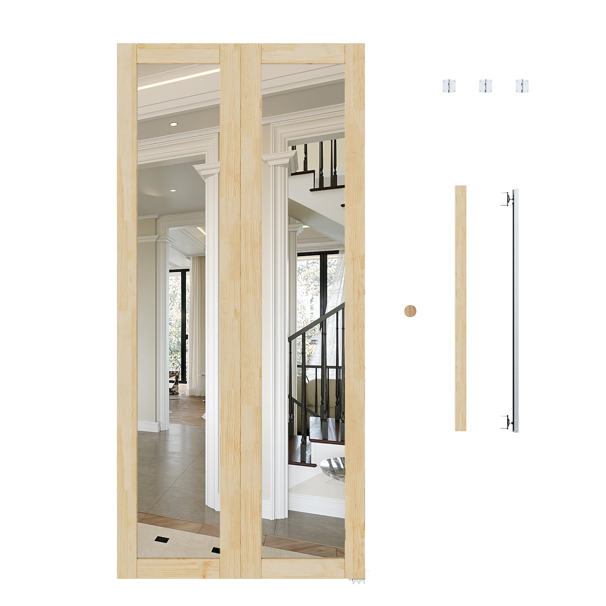 Ark Design 1-Lite Mirror Solid Core Unfinished Pine Wood Interior Closet Bi-Fold Door with Hardware