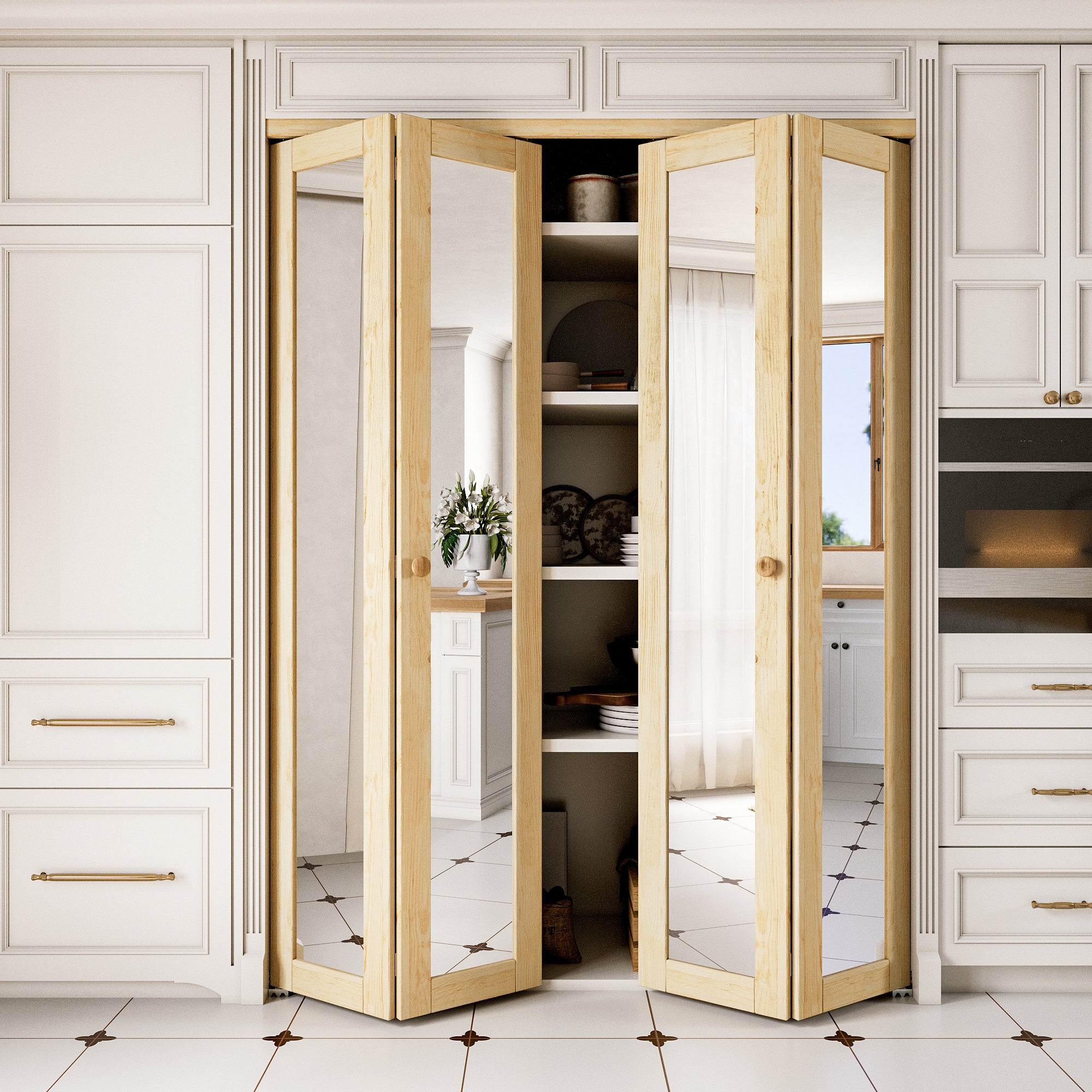 Ark Design 1-Lite Mirror Solid Core Unfinished Pine Wood Interior Closet Bi-Fold Door with Hardware