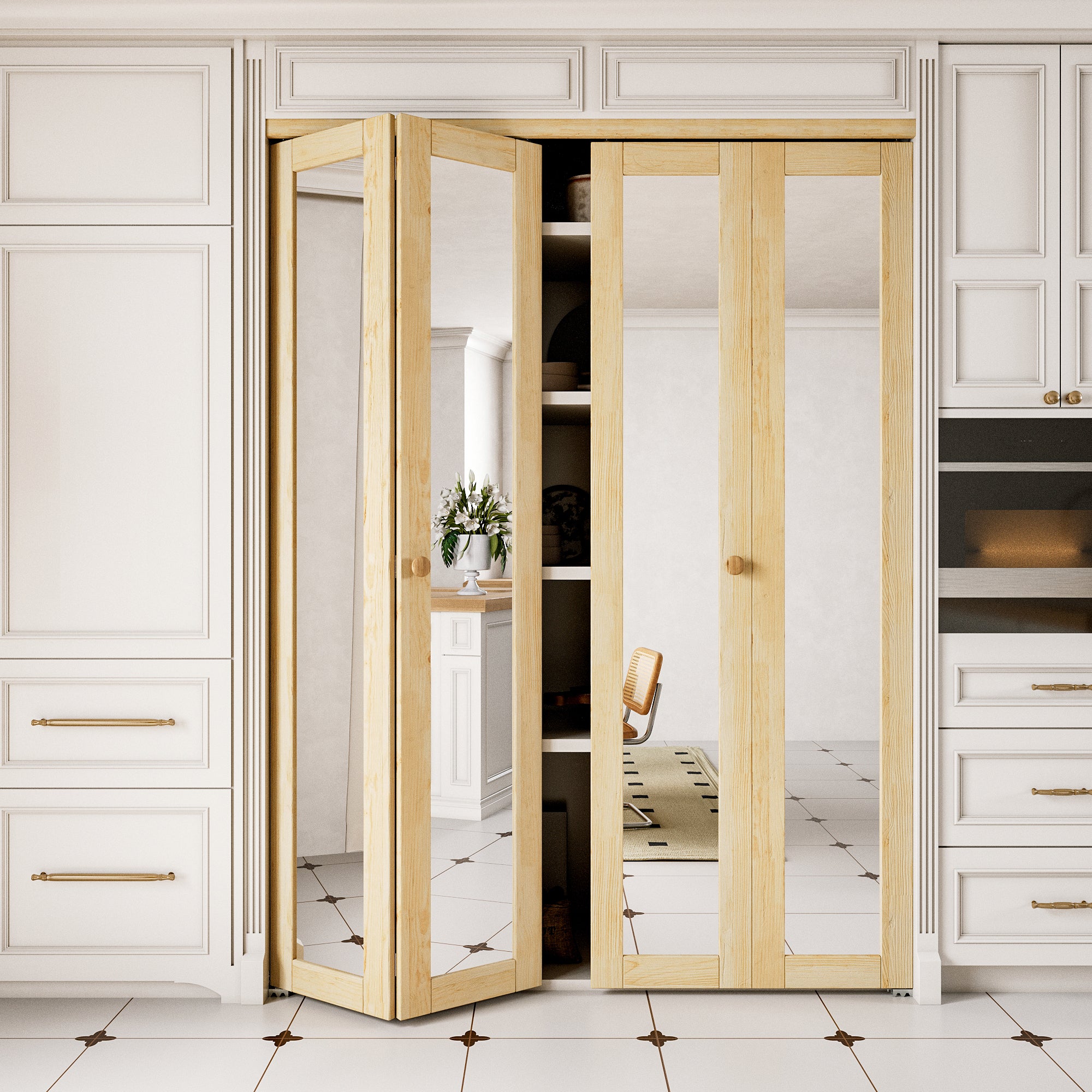 Ark Design 1-Lite Mirror Solid Core Unfinished Pine Wood Interior Closet Bi-Fold Door with Hardware