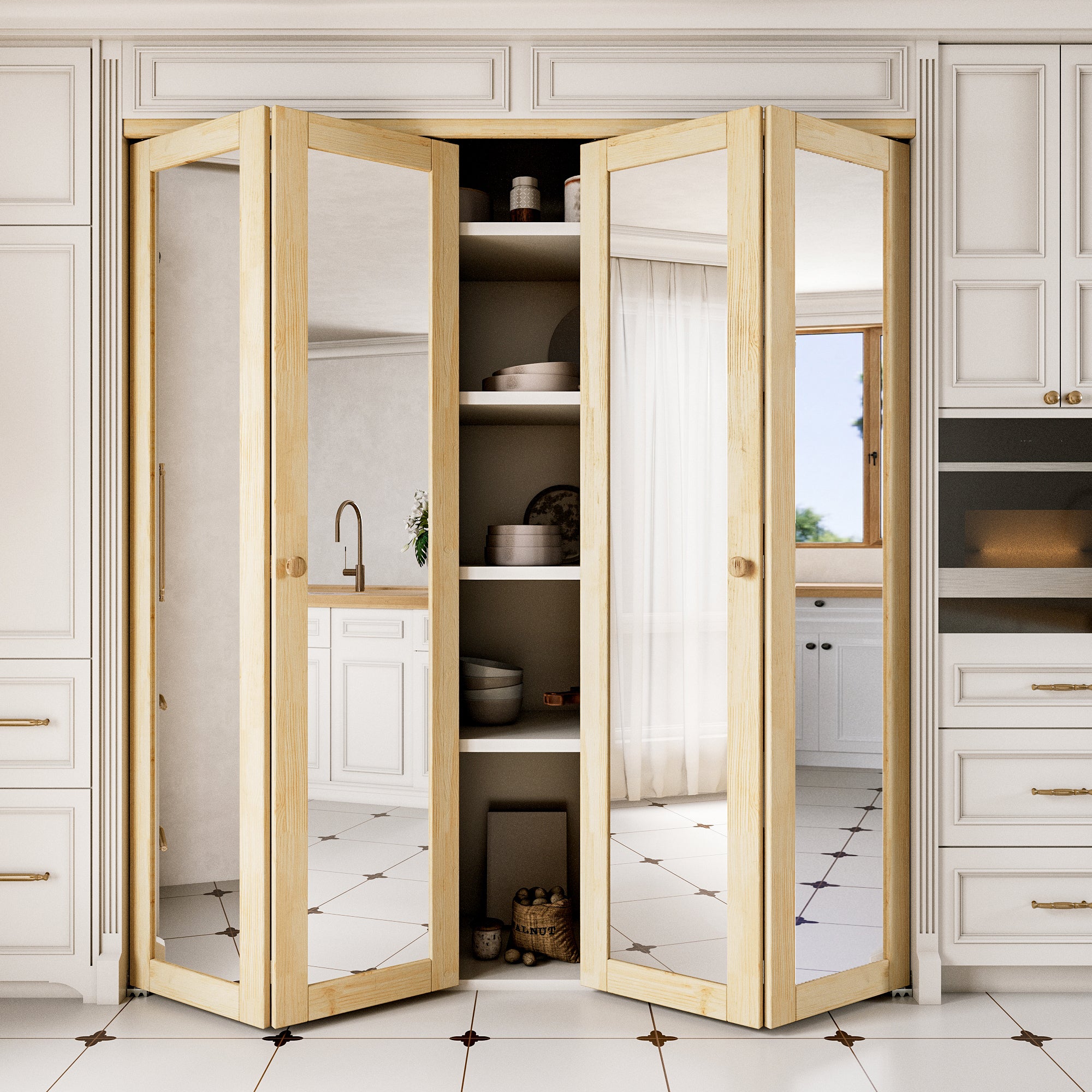 Ark Design 1-Lite Mirror Solid Core Unfinished Pine Wood Interior Closet Bi-Fold Door with Hardware