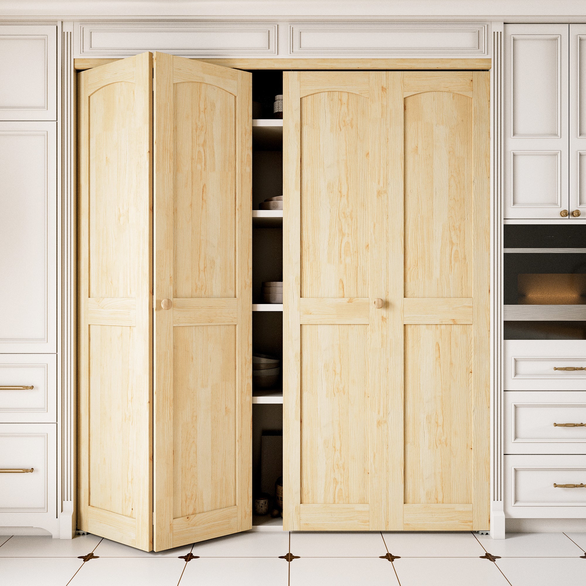 Ark Design Arch Panel 2-Lite Solid Core Unfinished Pine Wood Interior Closet Bi-Fold Door with Hardware