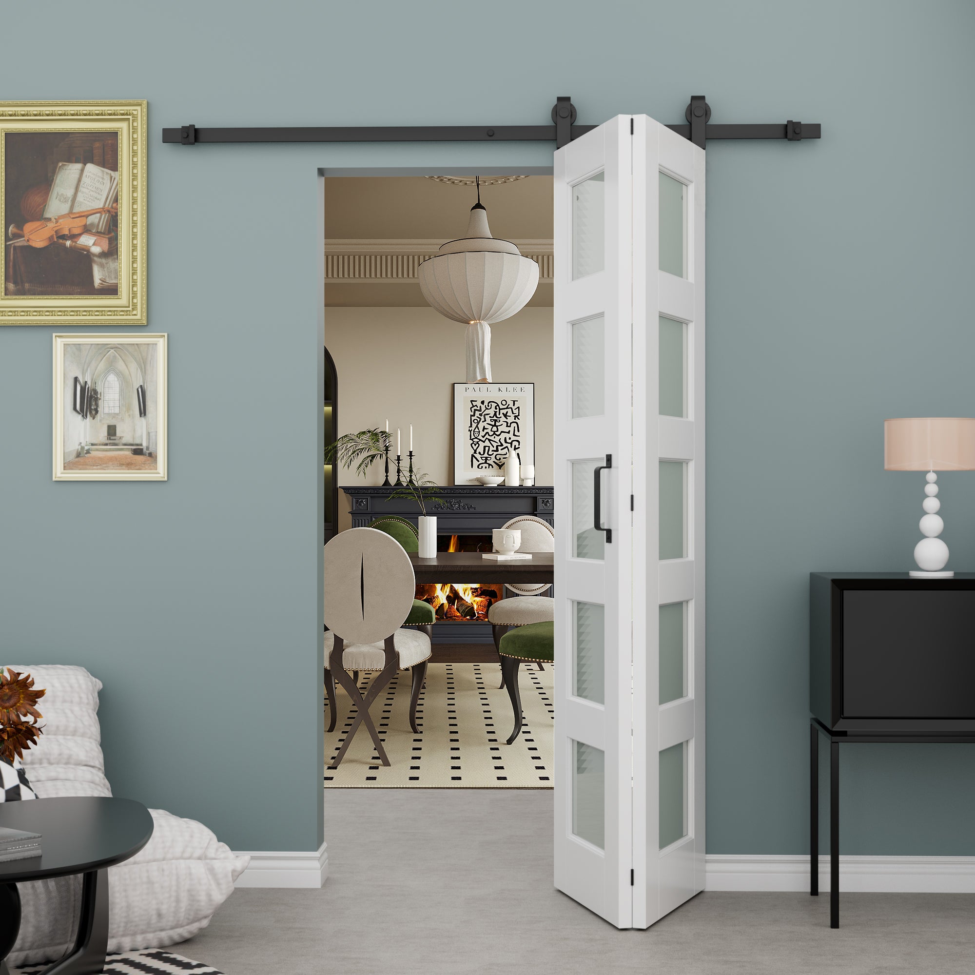Ark Design 5-Lite Tempered Frosted Glass Bifold Sliding Barn Door, Prefinished & Paintable Surface,with Hardware Kit