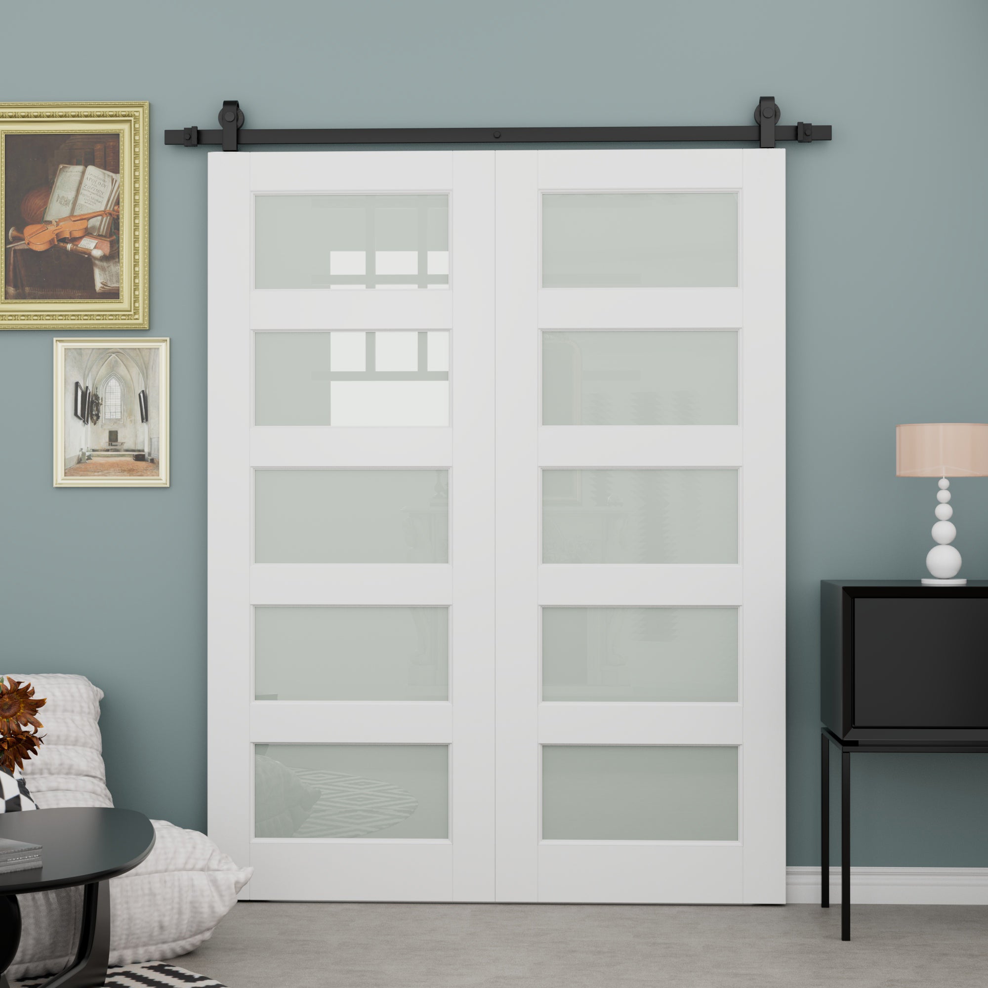Ark Design 5-Lite Tempered Frosted Glass Bifold Sliding Barn Door, Prefinished & Paintable Surface,with Hardware Kit