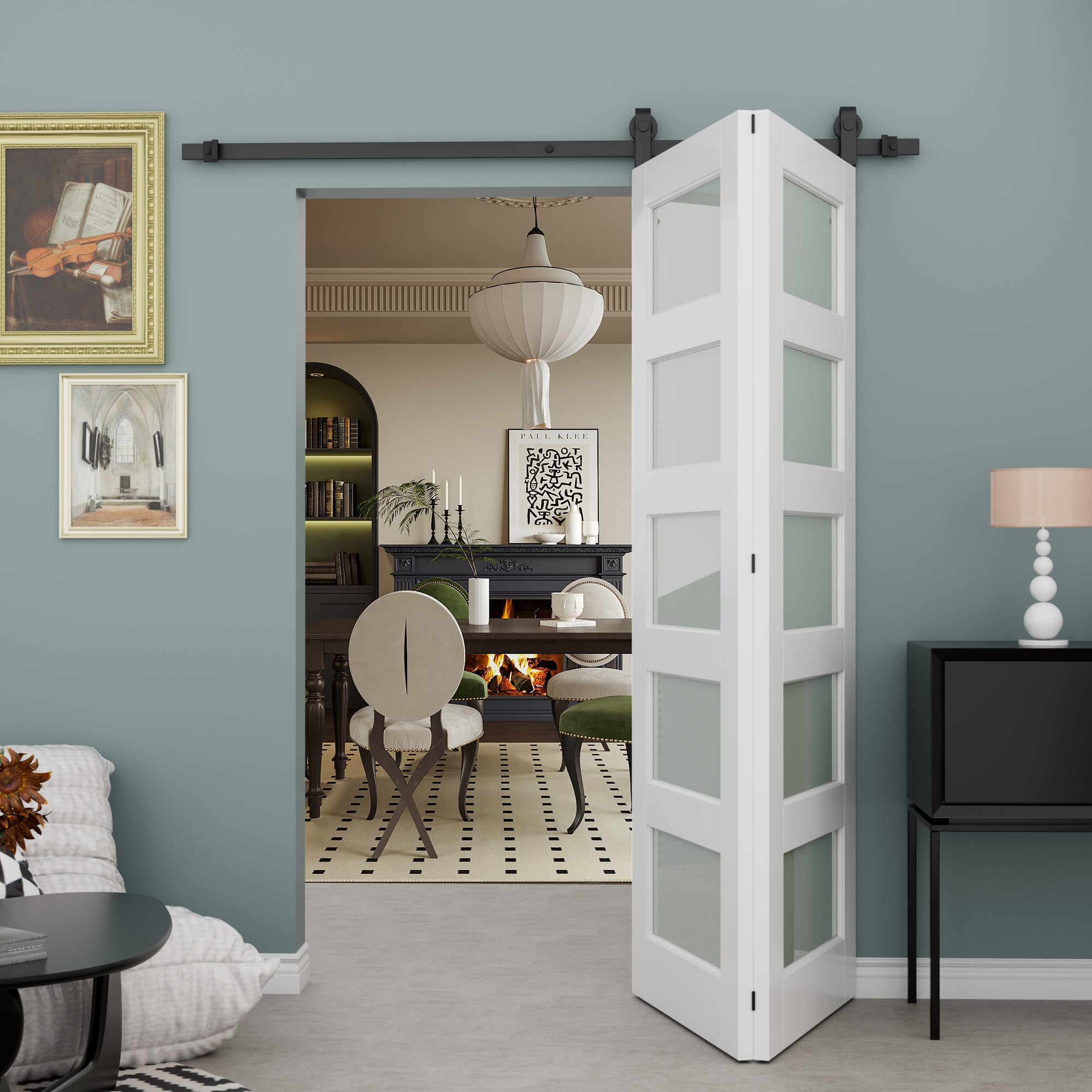 Ark Design 5-Lite Tempered Frosted Glass Bifold Sliding Barn Door, Prefinished & Paintable Surface,with Hardware Kit
