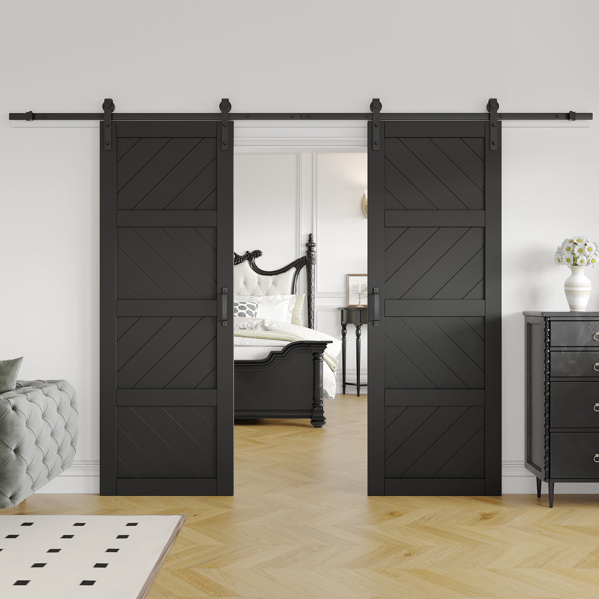 Ark Design Sliding Double Barn Door, 4 Waves Style, Solid Core MDF Woo