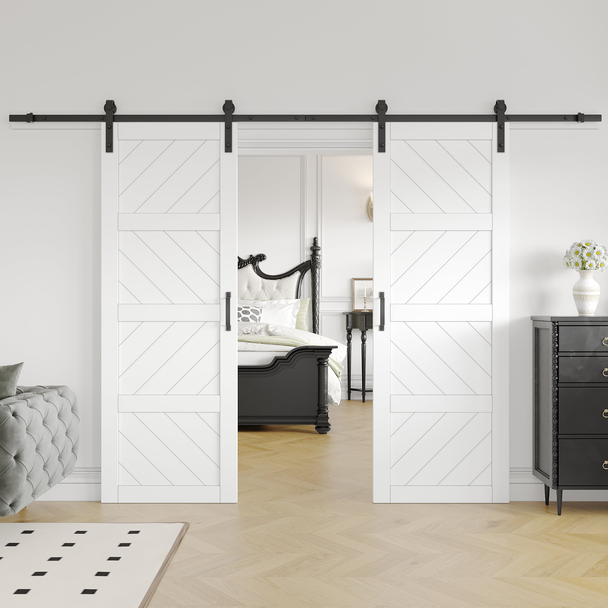 Ark Design Sliding Double Barn Door, 4 Waves Style, Solid Core MDF Woo