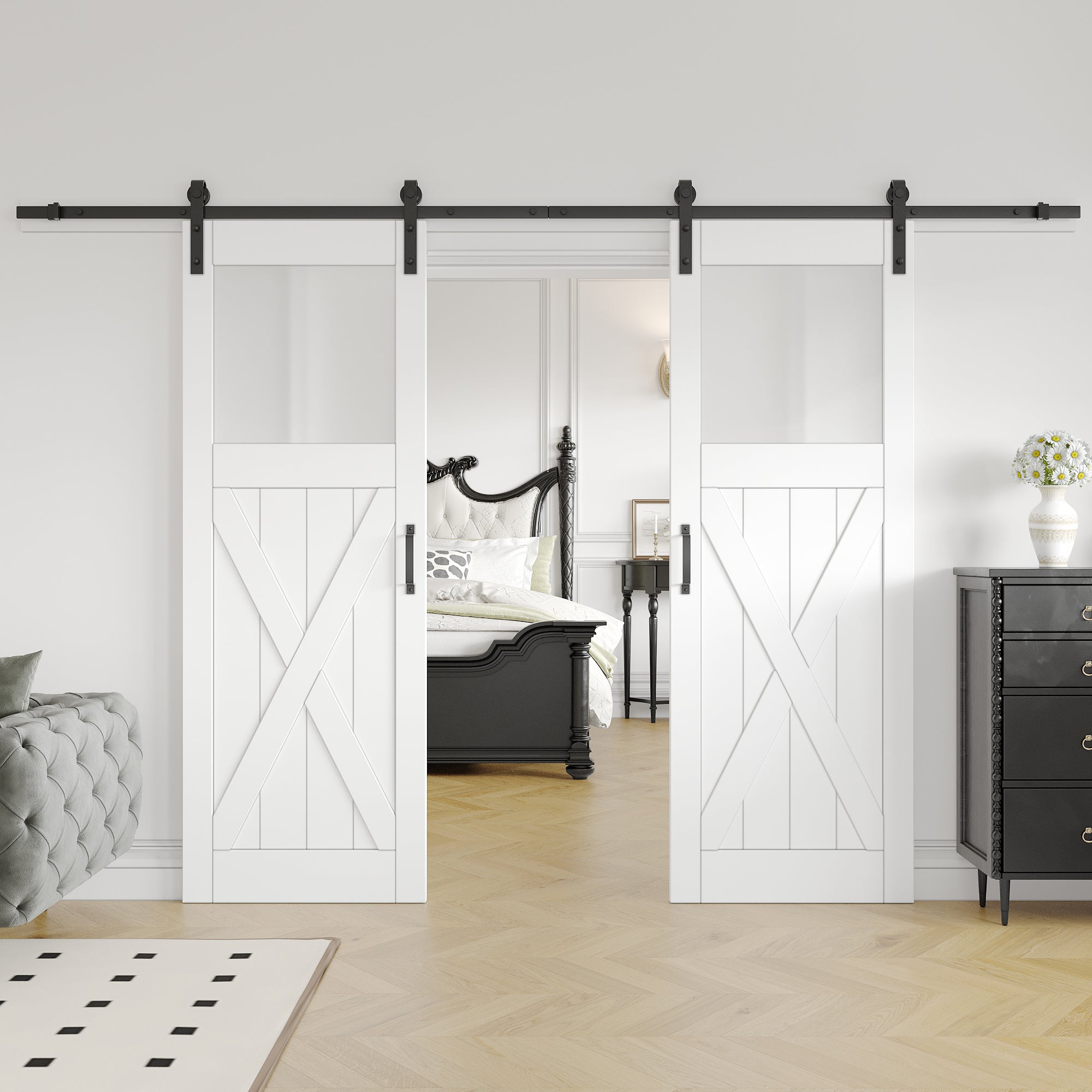 Ark Design Sliding Double Barn Door, X design, 1-Lite Tempered Frosted Glass, Solid Core MDF Wood & PVC Covered Finished, with Hardware Kit & Handle & Floor Guide, White