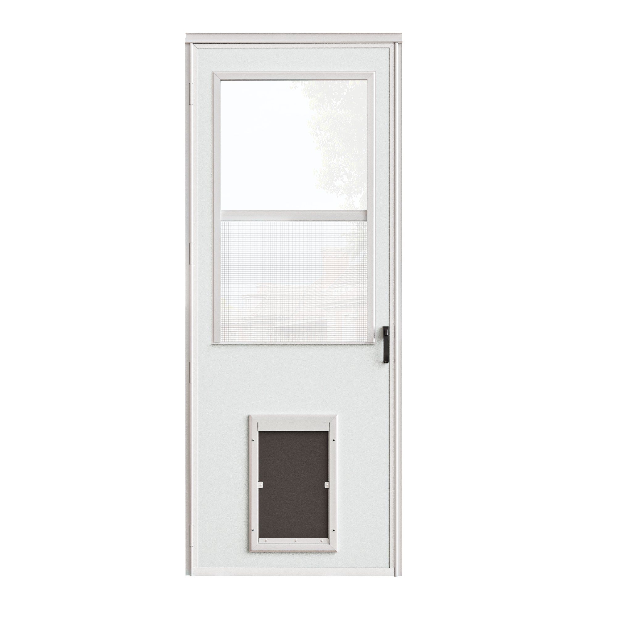 Ark Design Half-Lite Frosted Glass White Universal Pet Door Storm Door with Black Handleset and Screen