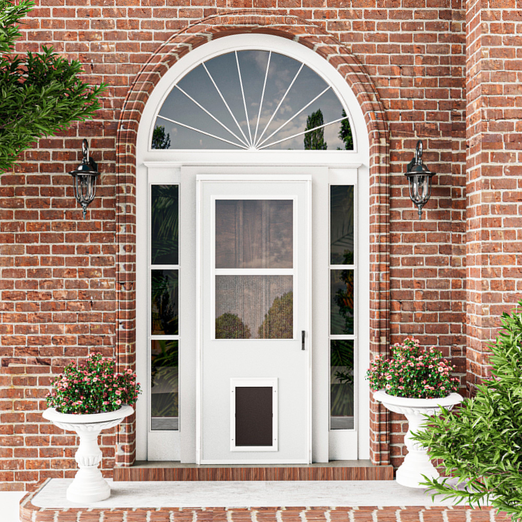 Ark Design Half-Lite Frosted Glass White Universal Pet Door Storm Door with Black Handleset and Screen