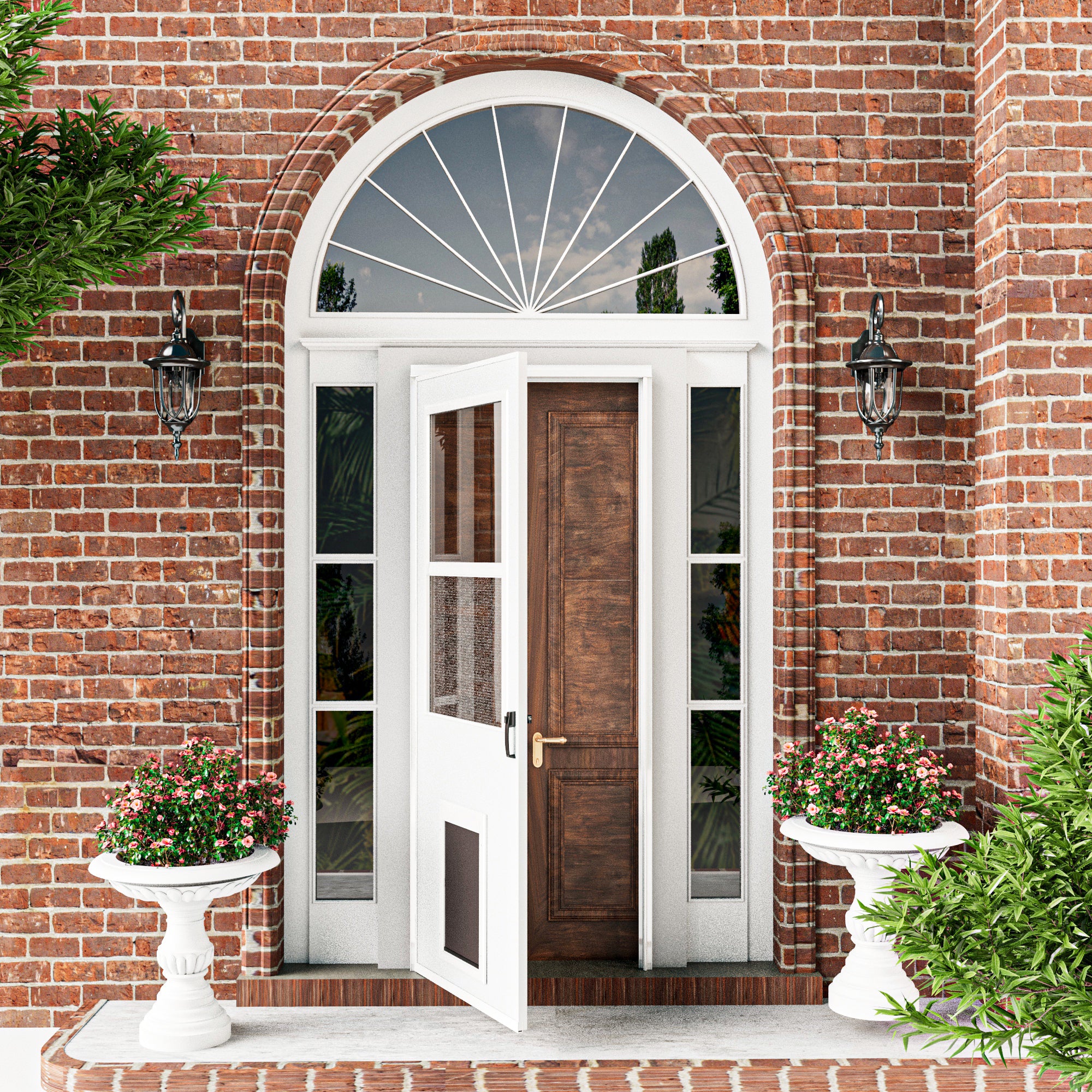 Ark Design Half-Lite Frosted Glass White Universal Pet Door Storm Door with Black Handleset and Screen