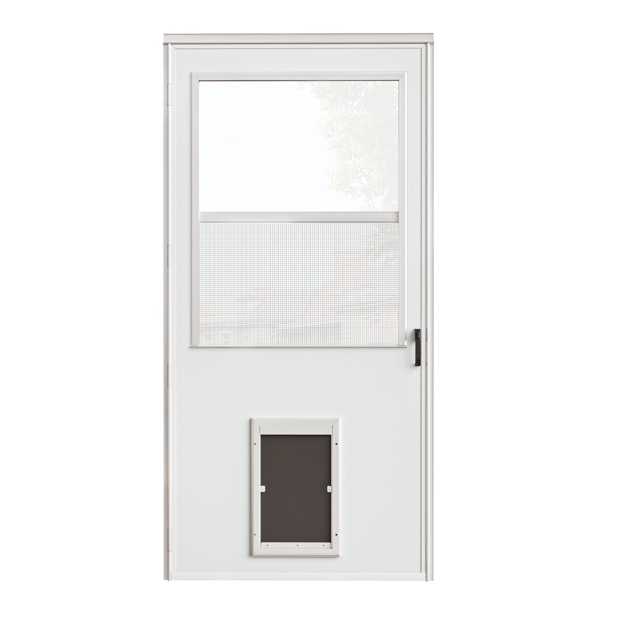 Ark Design Half-Lite Frosted Glass White Universal Pet Door Storm Door with Black Handleset and Screen