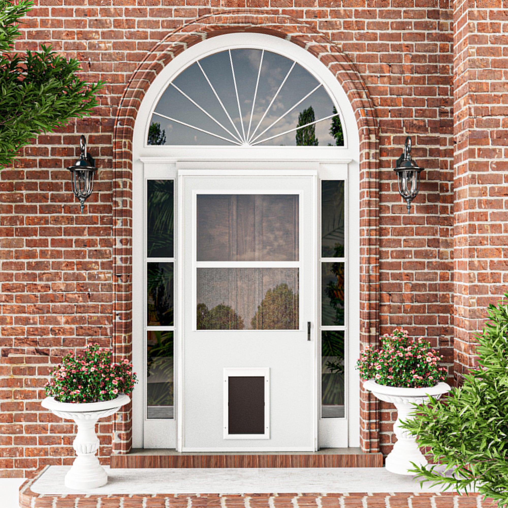 Ark Design Half-Lite Frosted Glass White Universal Pet Door Storm Door with Black Handleset and Screen