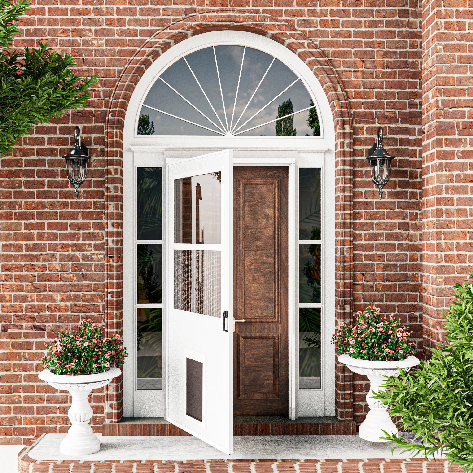 Ark Design Half-Lite Frosted Glass White Universal Pet Door Storm Door with Black Handleset and Screen