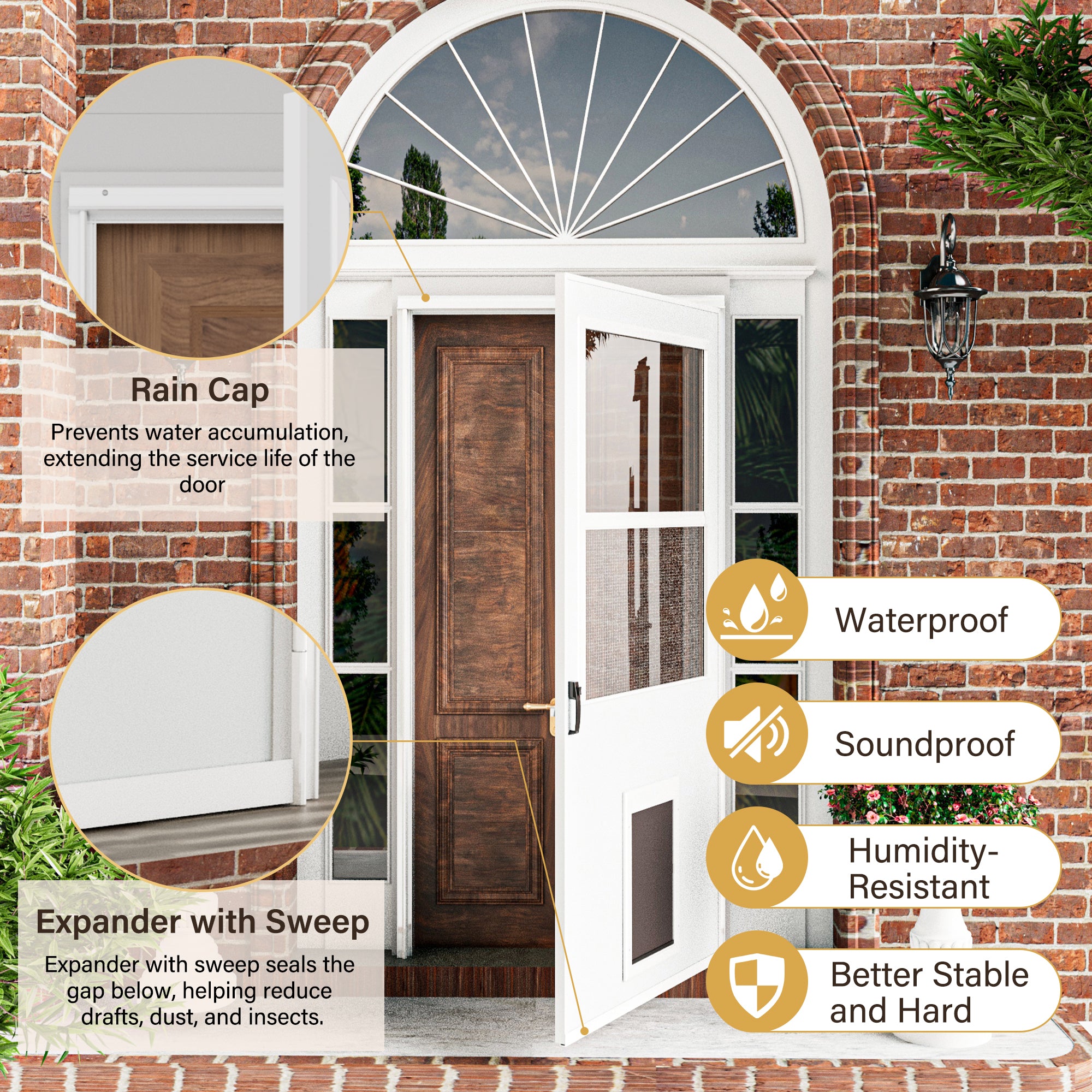 Ark Design Half-Lite Frosted Glass White Universal Pet Door Storm Door with Black Handleset and Screen