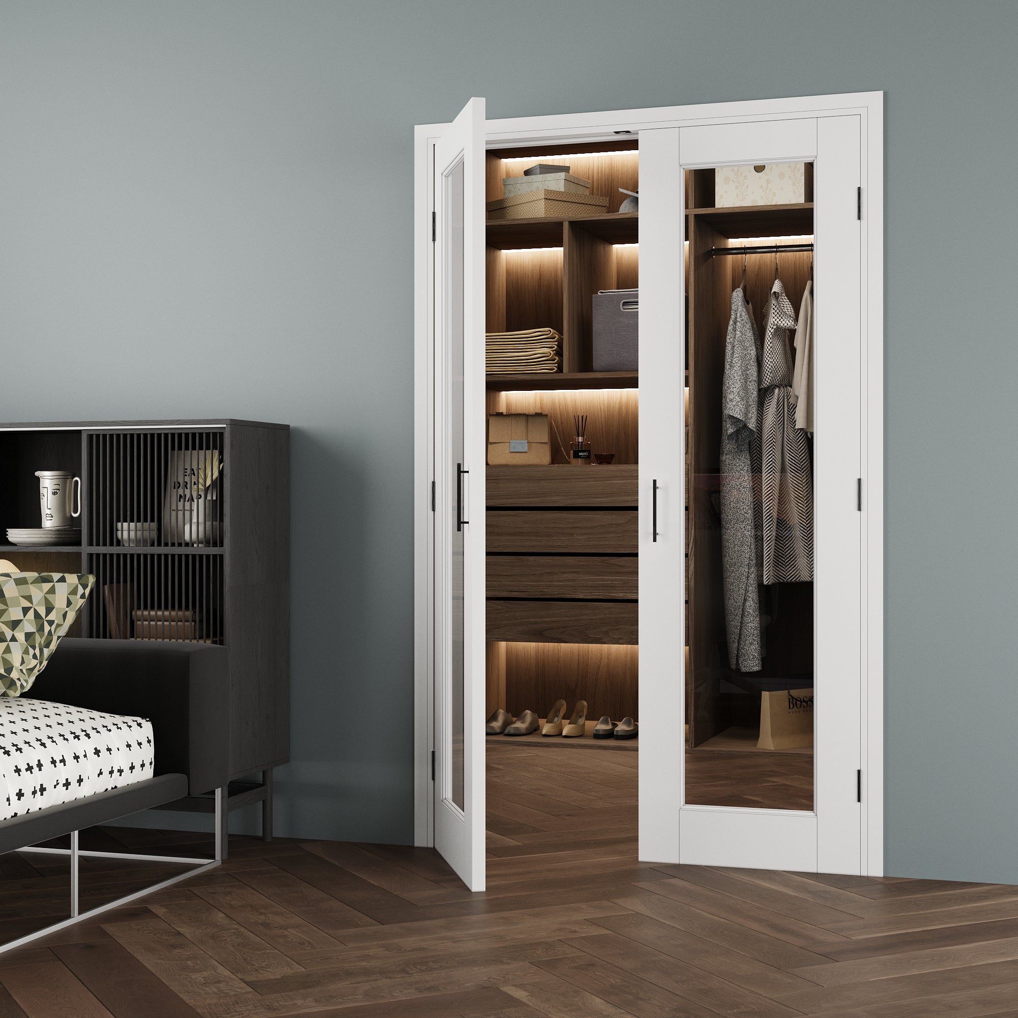 [Black Ball Catch Prehung French Door Collection] 1-Lite Clear Glass White Solid Core Glass French Door Panels with Black Ball Catch Ready-to-Assemble Jamb