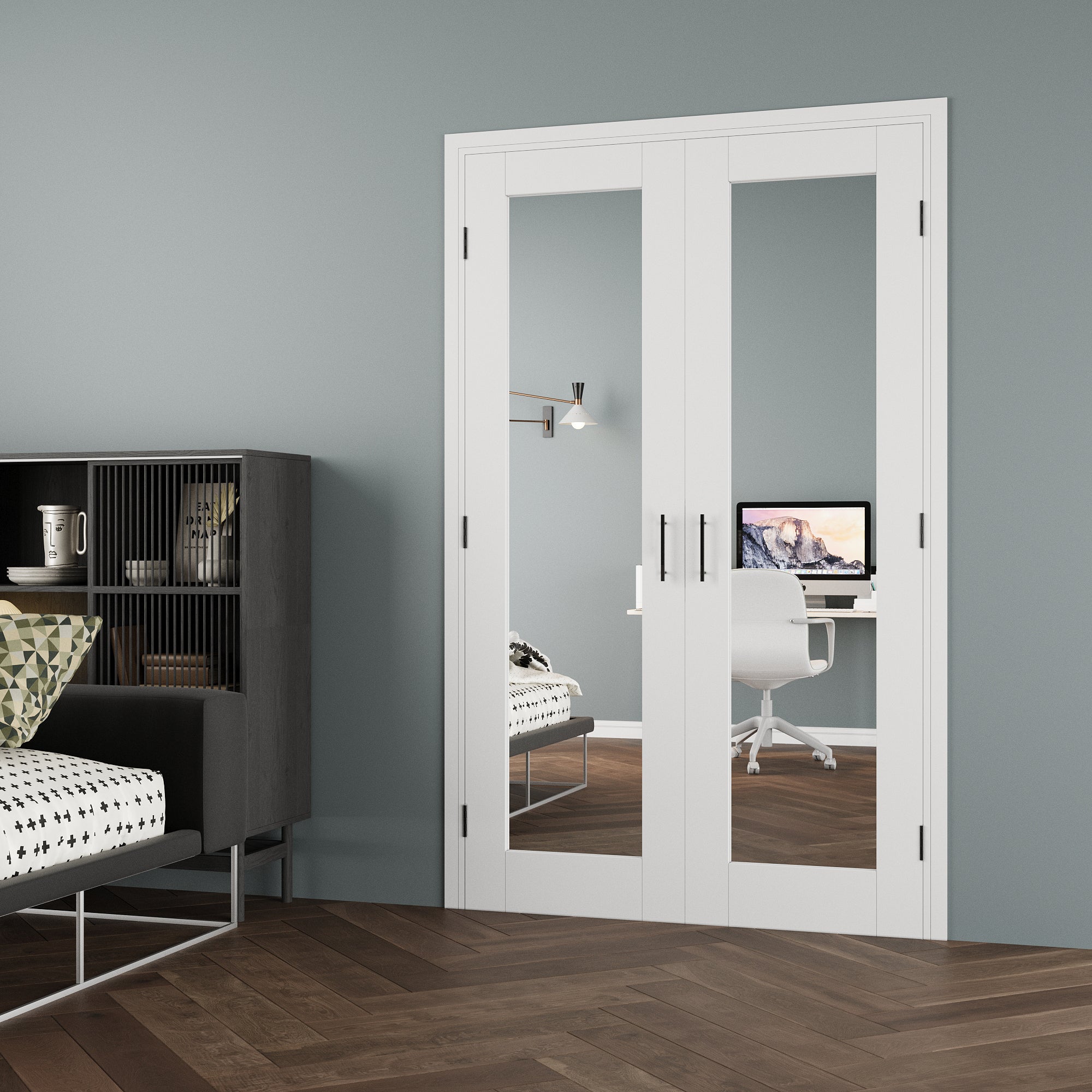 [Black Ball Catch Prehung French Door Collection] 1-Lite Double Side Mirror White Solid Core Glass French Door Panels with Black Ball Catch Ready-to-Assemble Jamb
