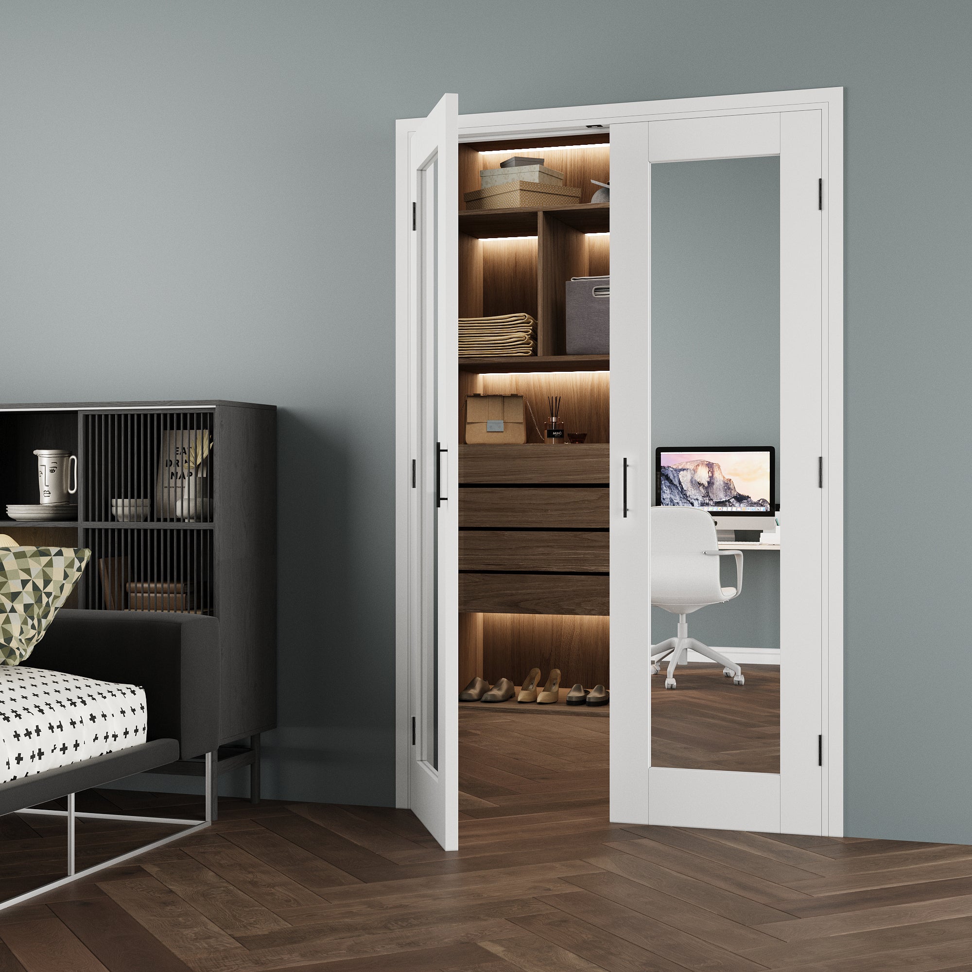 [Black Ball Catch Prehung French Door Collection] 1-Lite Double Side Mirror White Solid Core Glass French Door Panels with Black Ball Catch Ready-to-Assemble Jamb