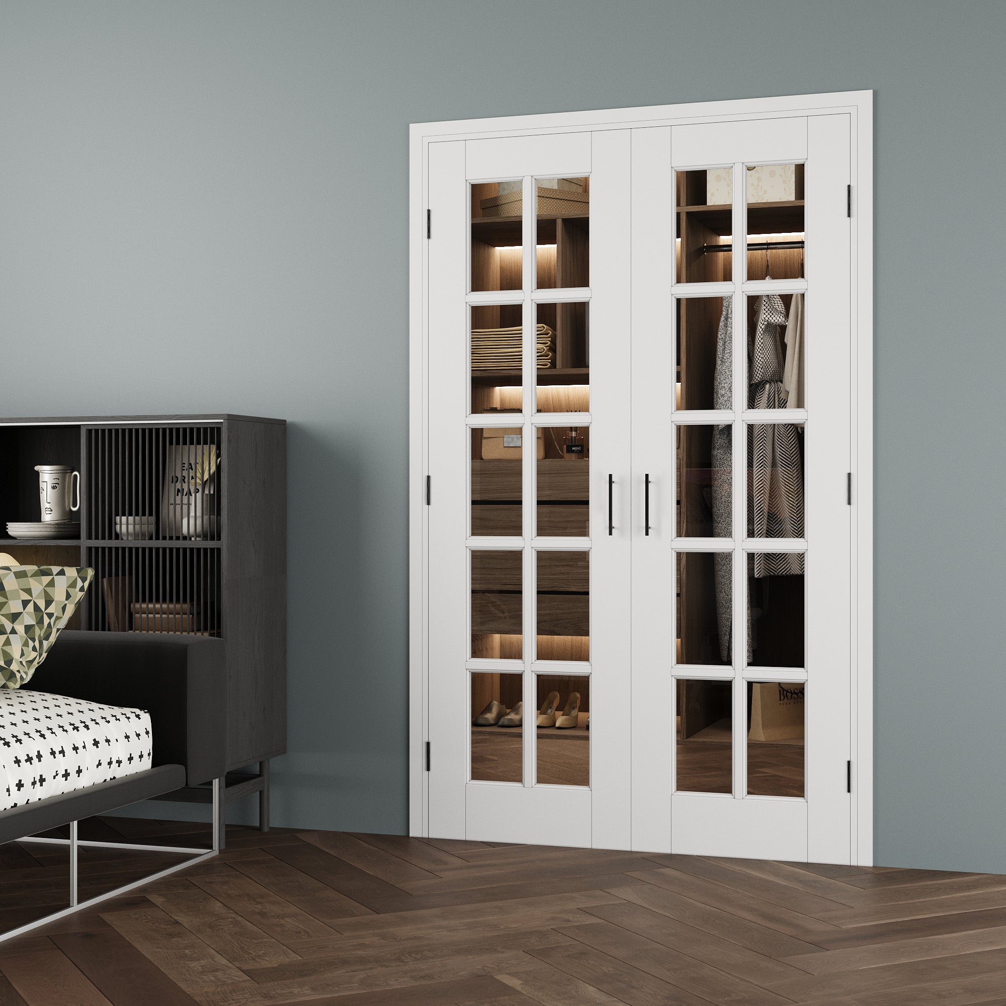 [Black Ball Catch Prehung French Door Collection] 10-Lite Clear Glass White Solid Core Glass French Door Panels with Black Ball Catch Ready-to-Assemble Jamb