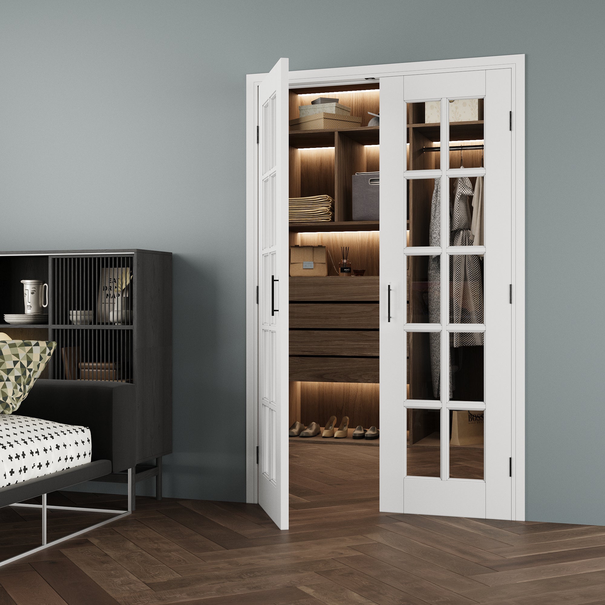 [Black Ball Catch Prehung French Door Collection] 10-Lite Clear Glass White Solid Core Glass French Door Panels with Black Ball Catch Ready-to-Assemble Jamb