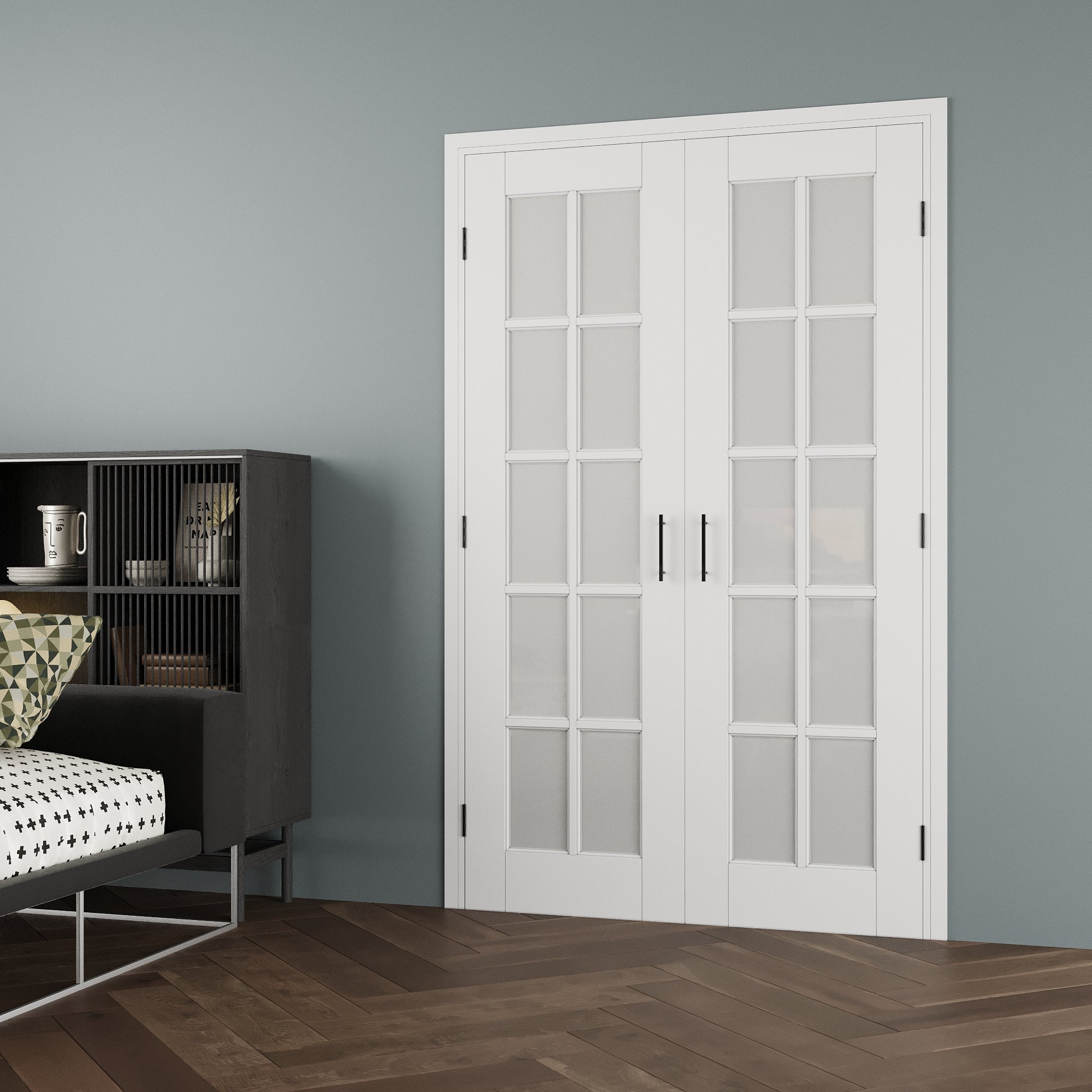 [Black Ball Catch Prehung French Door Collection] 10-Lite Frosted Glass White Solid Core Glass French Door Panels with Black Ball Catch Ready-to-Assemble Jamb