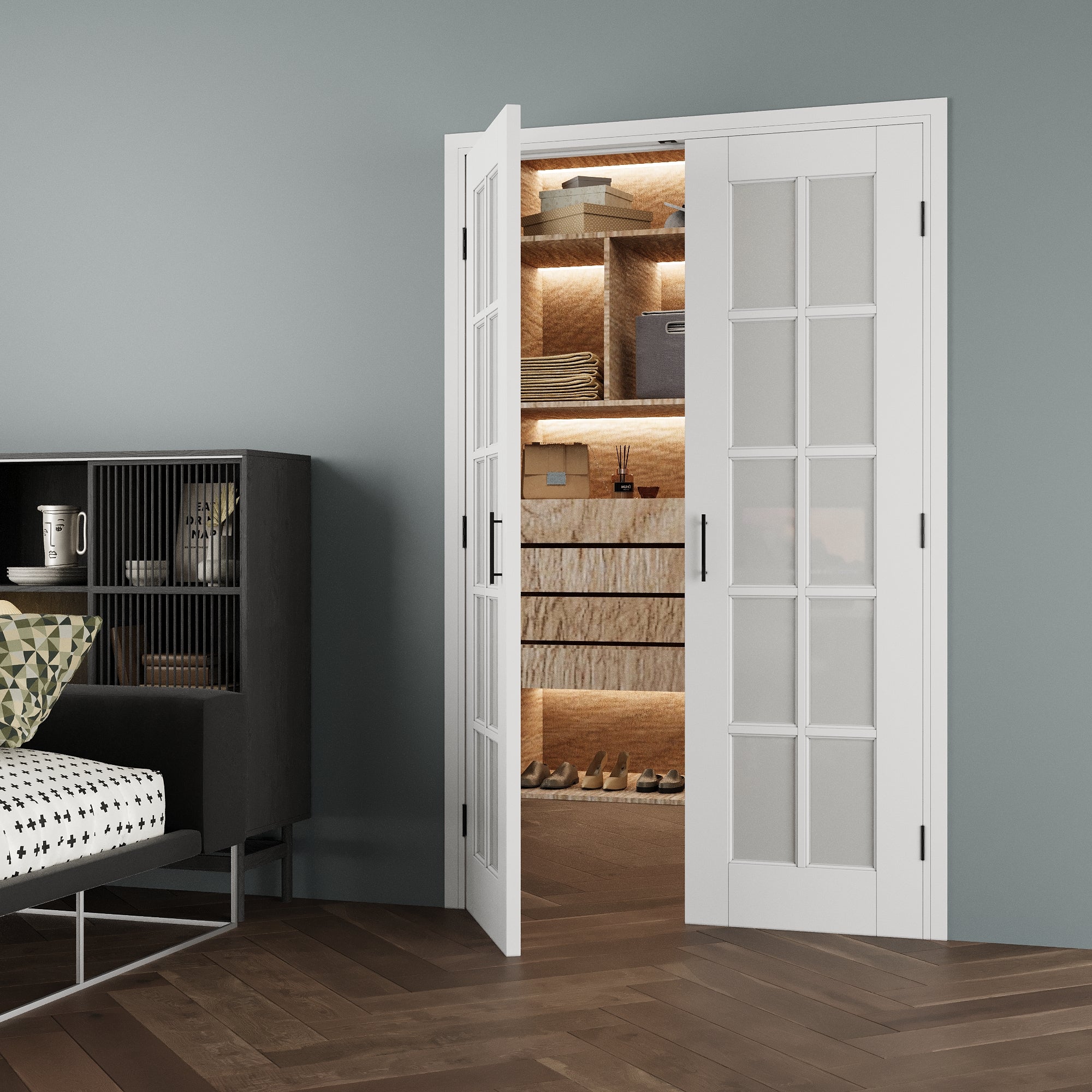 [Black Ball Catch Prehung French Door Collection] 10-Lite Frosted Glass White Solid Core Glass French Door Panels with Black Ball Catch Ready-to-Assemble Jamb