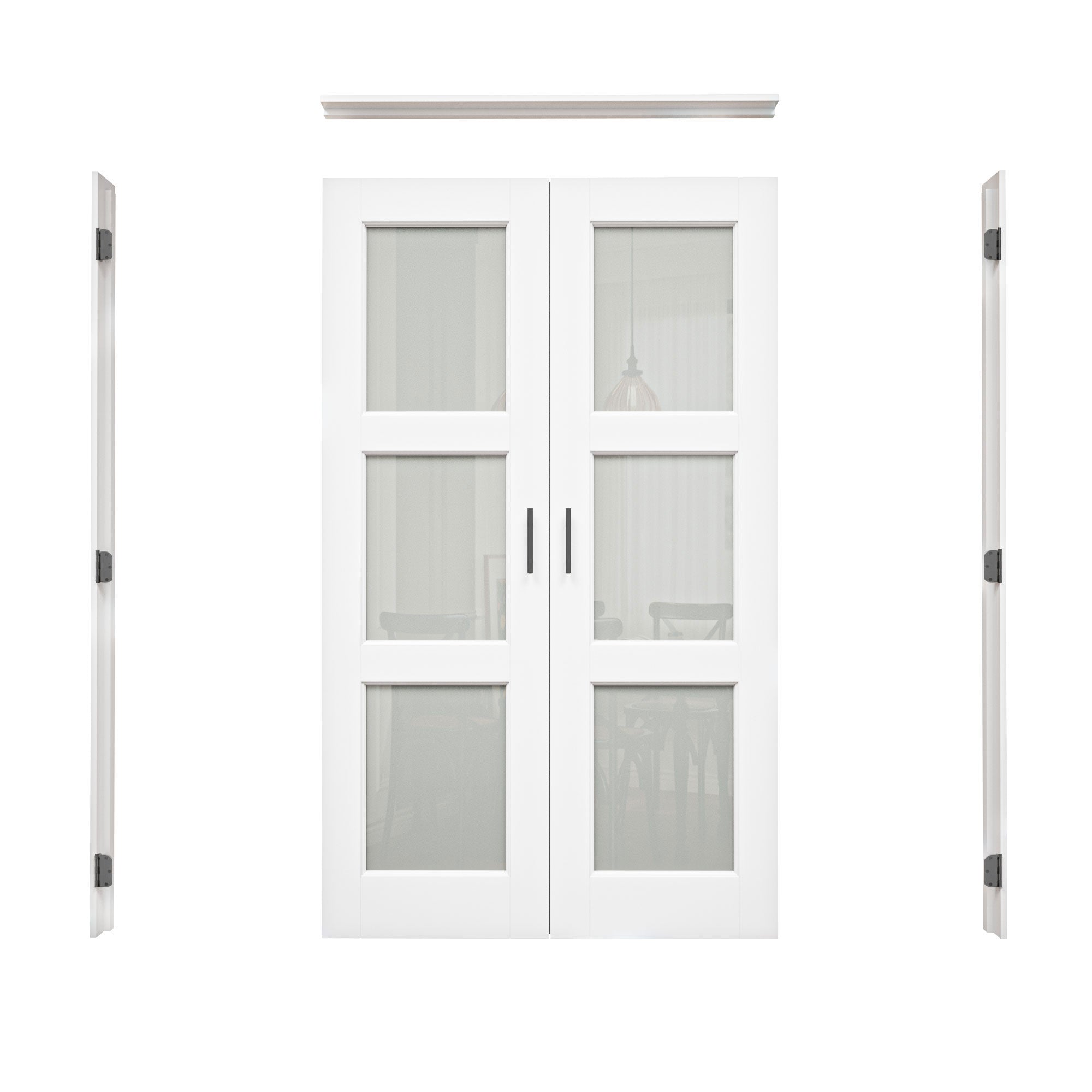 [Black Ball Catch Prehung French Door Collection] 3-Lite Frosted Glass White Solid Core Glass French Door Panels with Black Ball Catch Ready-to-Assemble Jamb