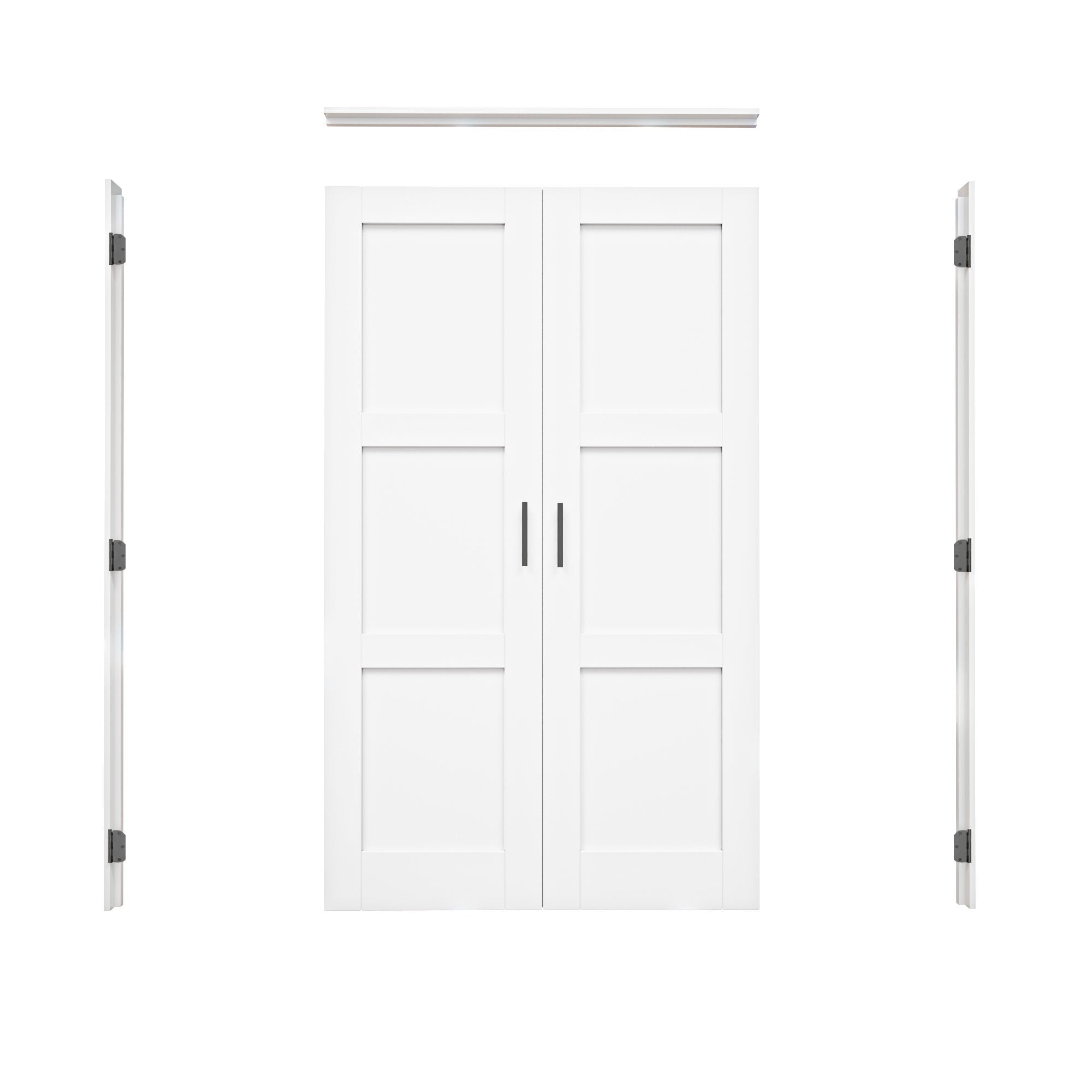[Black Ball Catch Prehung French Door Collection] 3-Lite Panel White Solid Core Glass French Door Panels with Black Ball Catch Ready-to-Assemble Jamb
