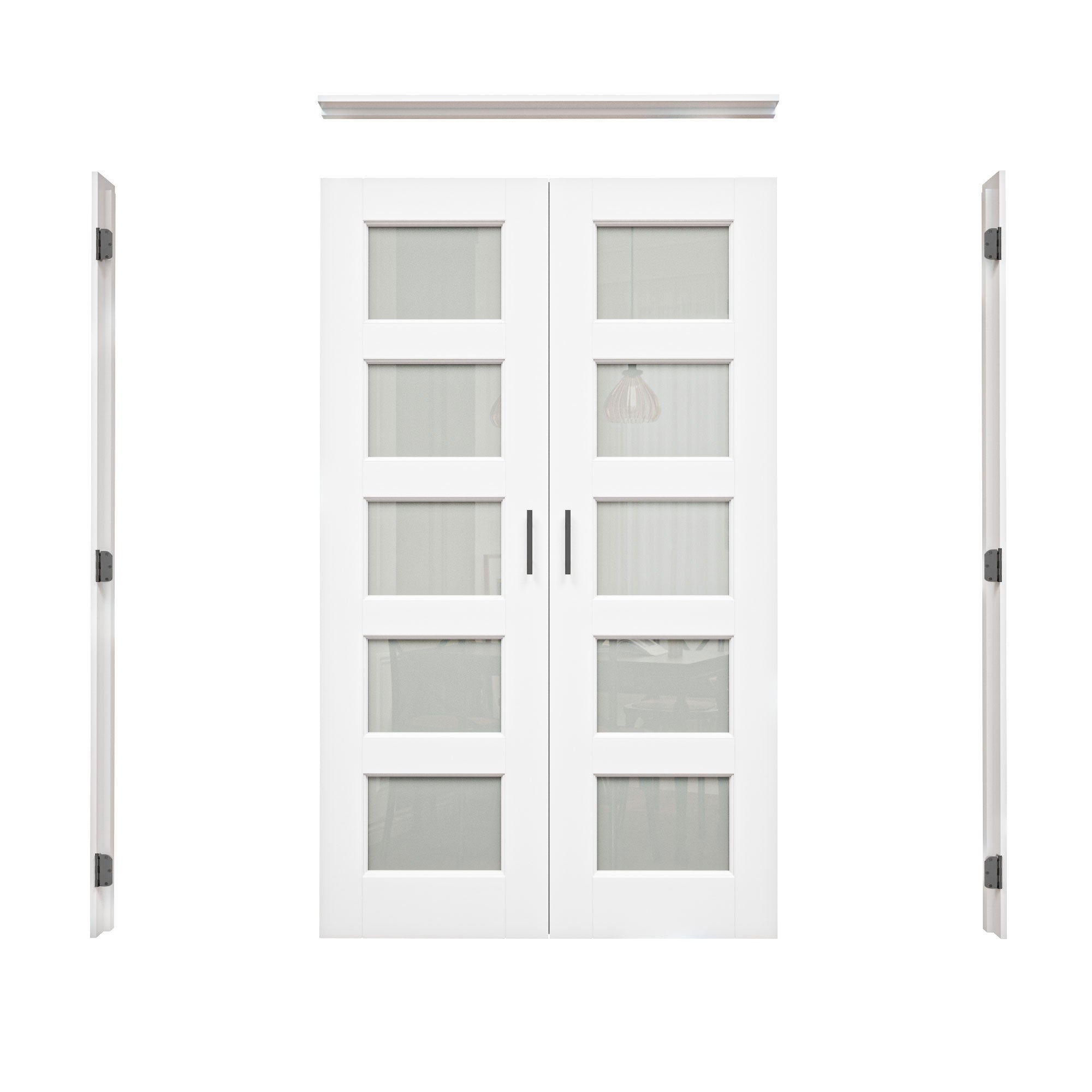 [Black Ball Catch Prehung French Door Collection] 5-Lite Frosted Glass White Solid Core Glass French Door Panels with Black Ball Catch Ready-to-Assemble Jamb