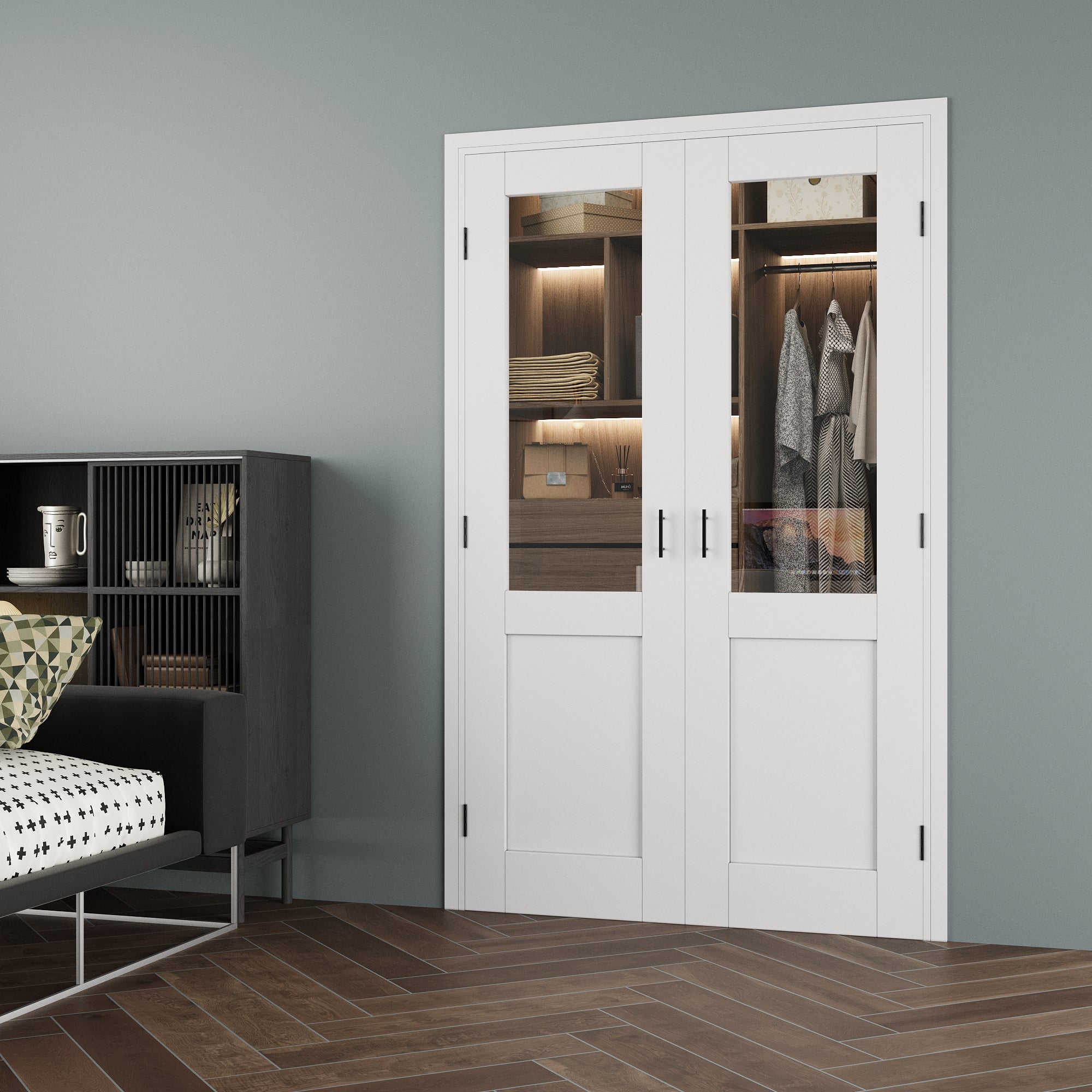 [Black Ball Catch Prehung French Door Collection] Half-Lite Clear Glass White Solid Core Glass French Door Panels with Black Ball Catch Ready-to-Assemble Jamb