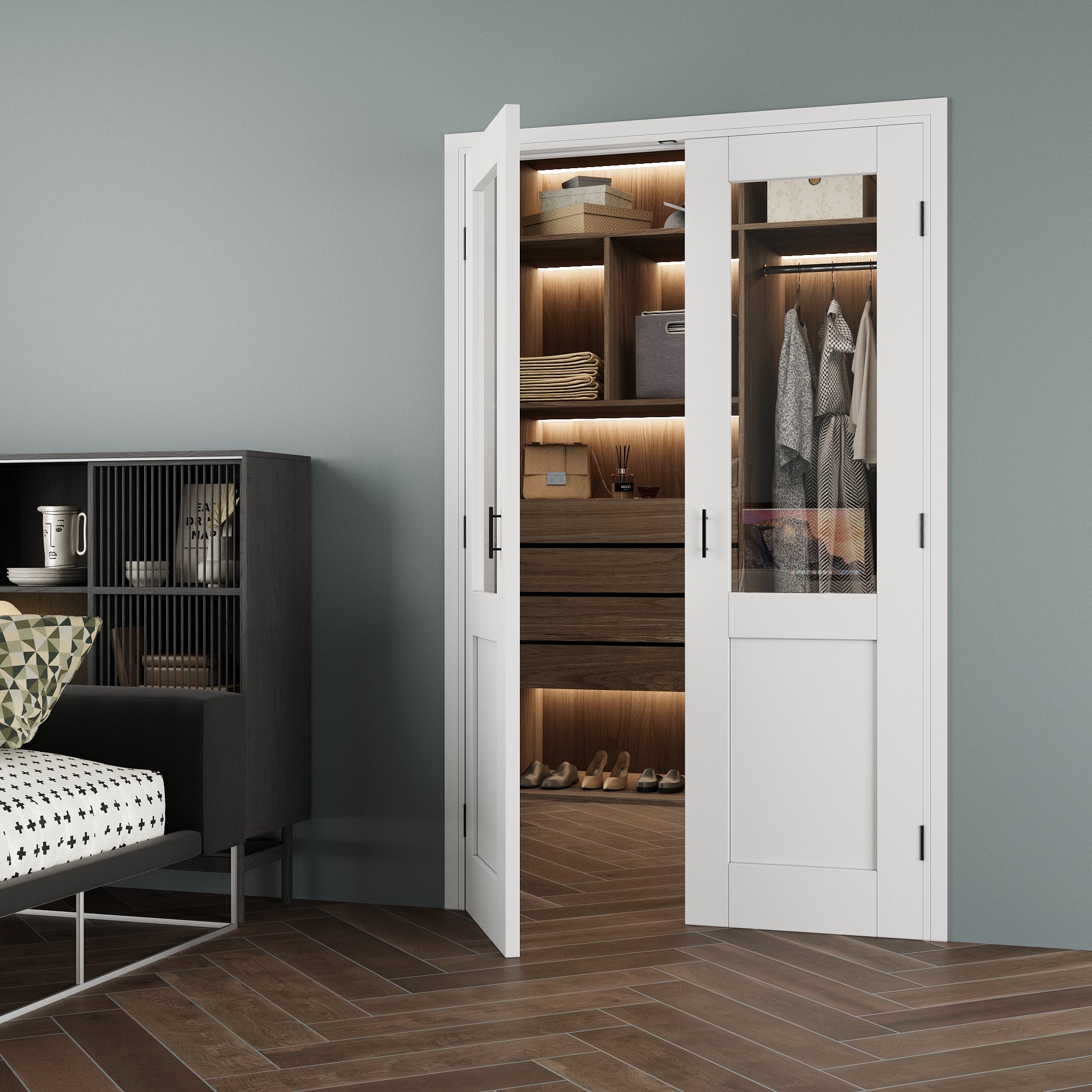 [Black Ball Catch Prehung French Door Collection] Half-Lite Clear Glass White Solid Core Glass French Door Panels with Black Ball Catch Ready-to-Assemble Jamb