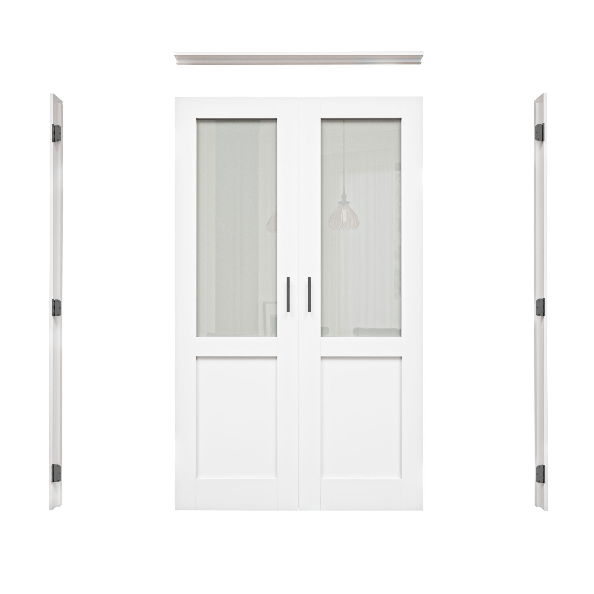 [Black Ball Catch Prehung French Door Collection] Half-Lite Frosted Glass White Solid Core Glass French Door Panels with Black Ball Catch Ready-to-Assemble Jamb
