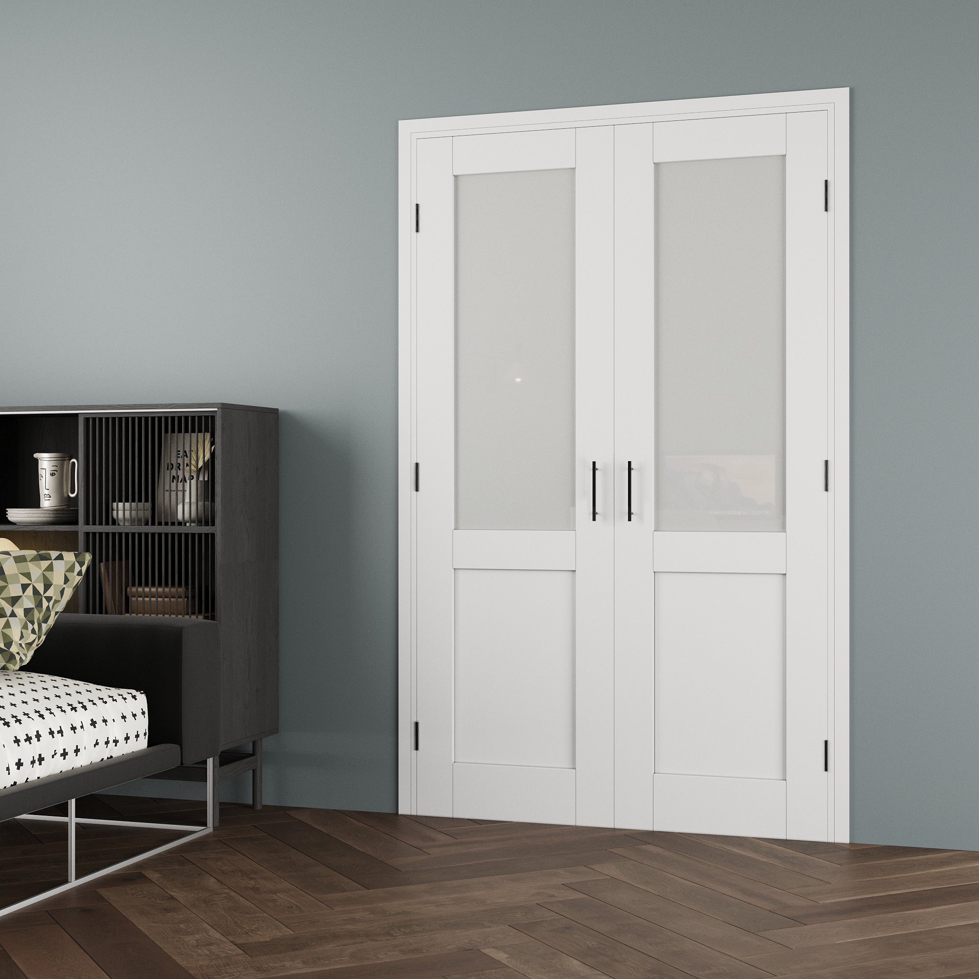 [Black Ball Catch Prehung French Door Collection] Half-Lite Frosted Glass White Solid Core Glass French Door Panels with Black Ball Catch Ready-to-Assemble Jamb