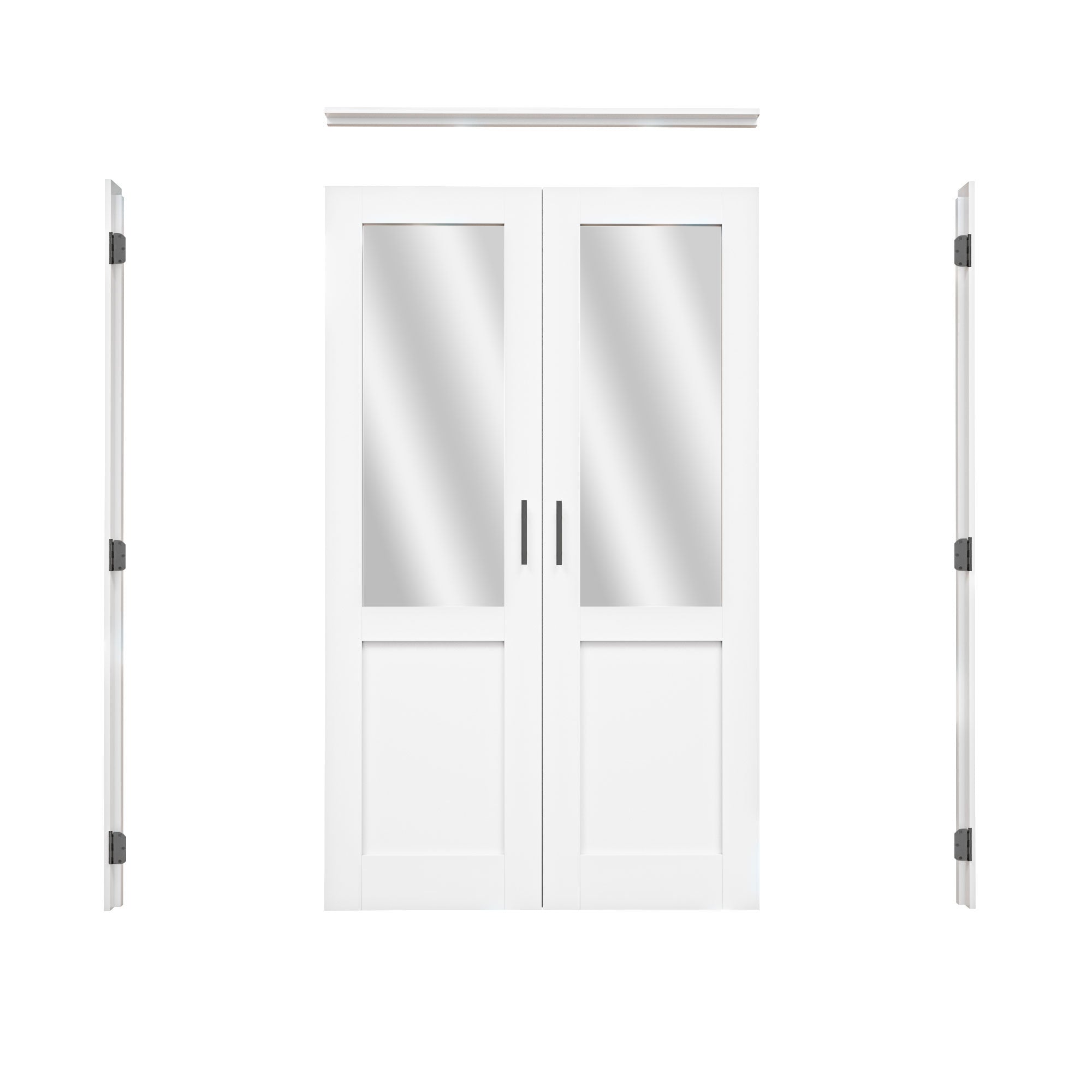 [Black Ball Catch Prehung French Door Collection] Half-Lite Mirror White Solid Core Glass French Door Panels with Black Ball Catch Ready-to-Assemble Jamb