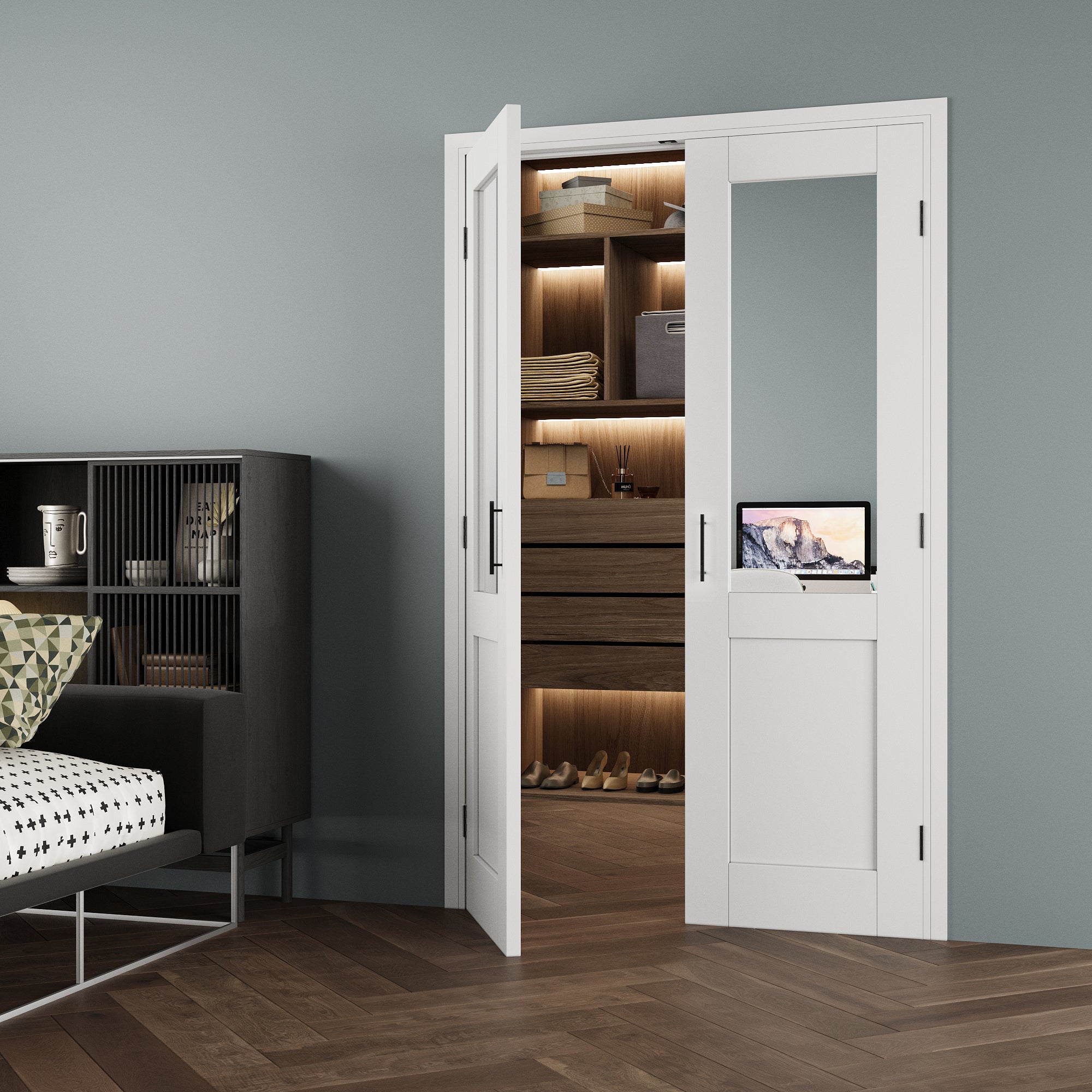 [Black Ball Catch Prehung French Door Collection] Half-Lite Mirror White Solid Core Glass French Door Panels with Black Ball Catch Ready-to-Assemble Jamb